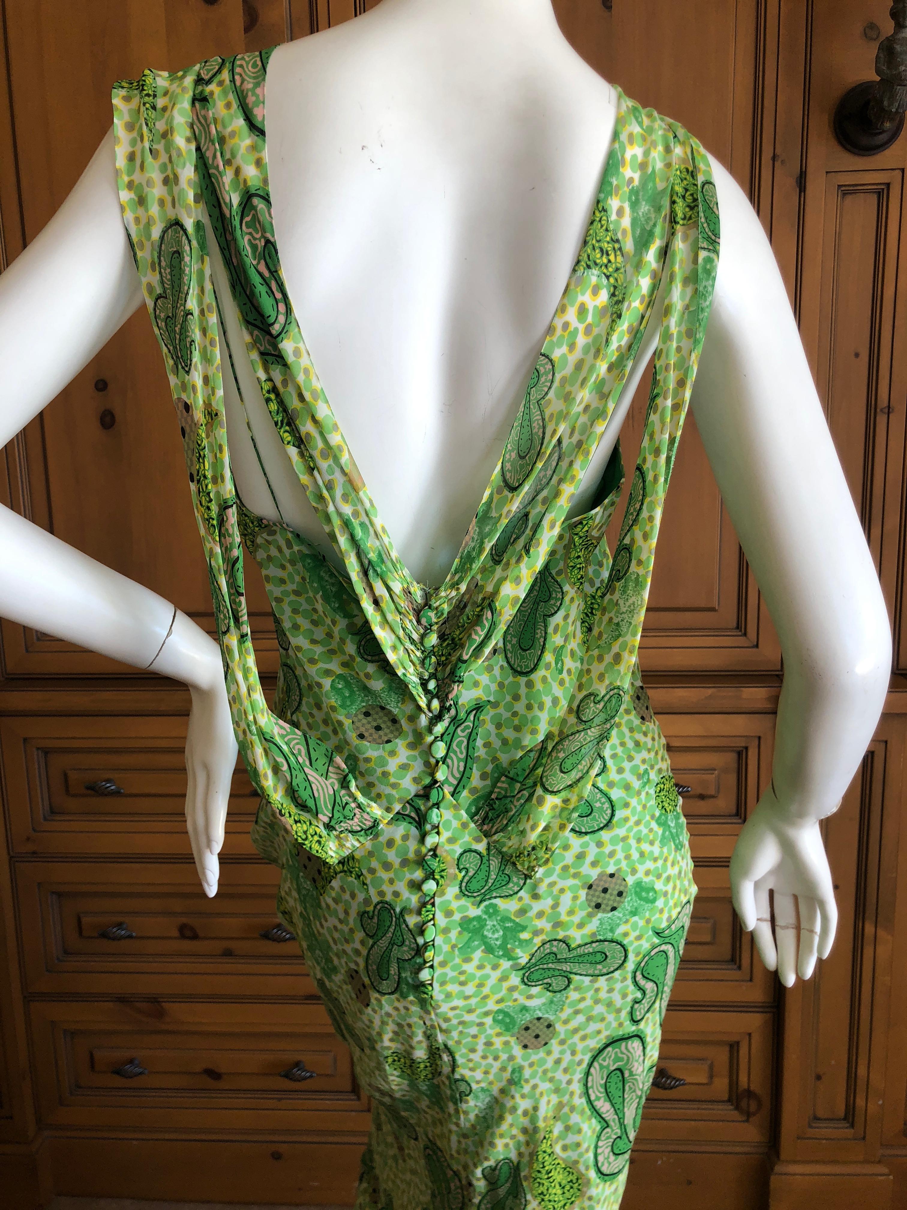  John Galliano 2002 Green Silk Paisley Ruffled Evening Dress with Low Cowl Back For Sale 3