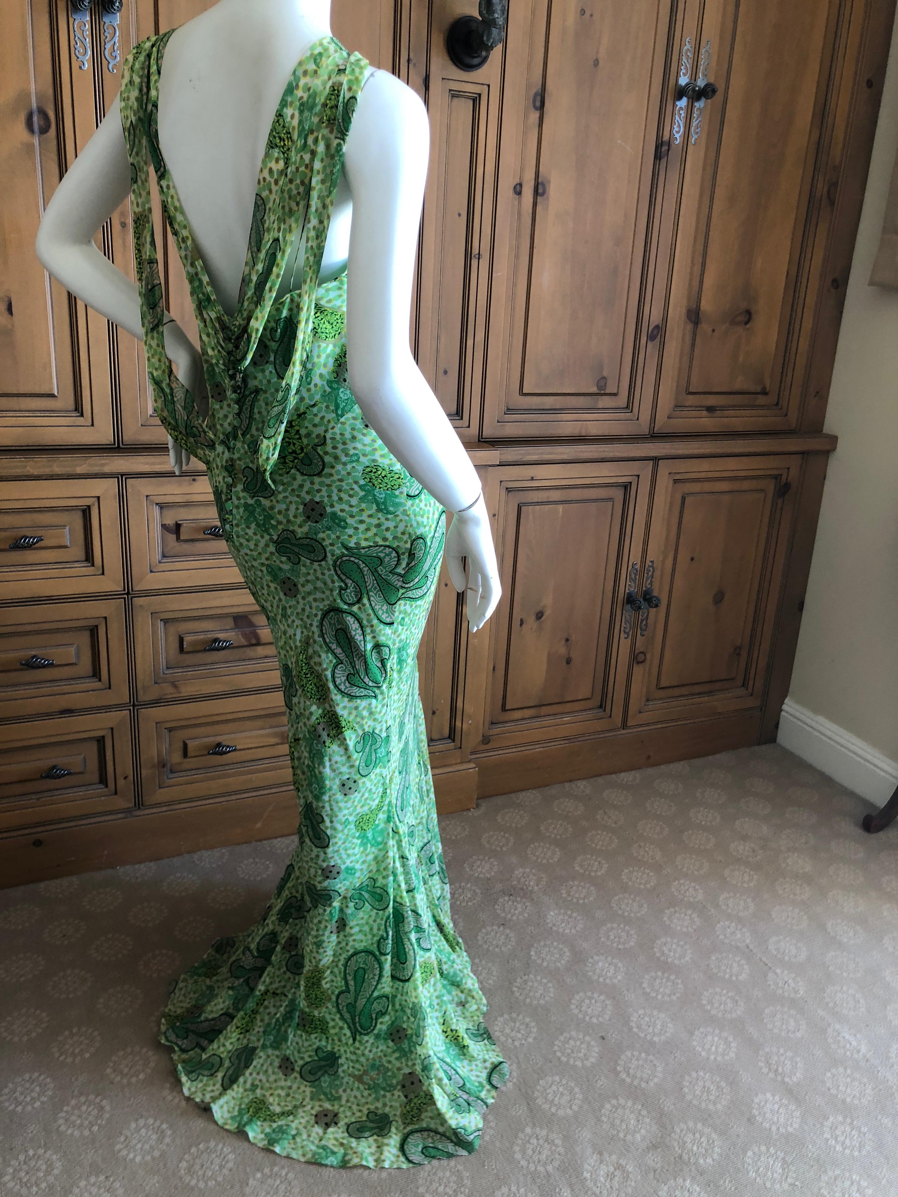  John Galliano 2002 Green Silk Paisley Ruffled Evening Dress with Low Cowl Back For Sale 4