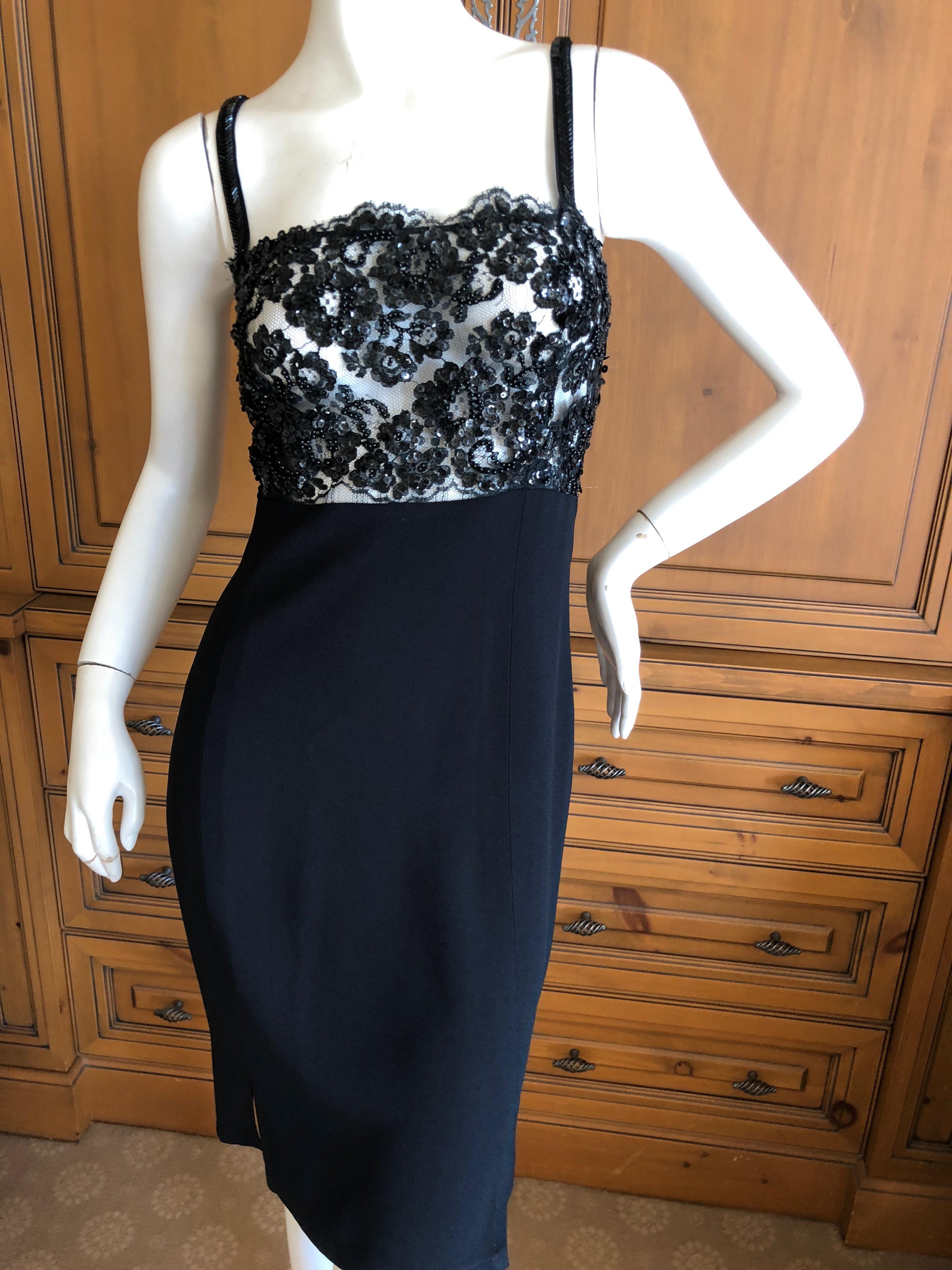 Sonia Rykiel LBD with Sheer Sequin Accented Lace Bodice
Marked size 44, but it runs a bit small for that size
Bust 38