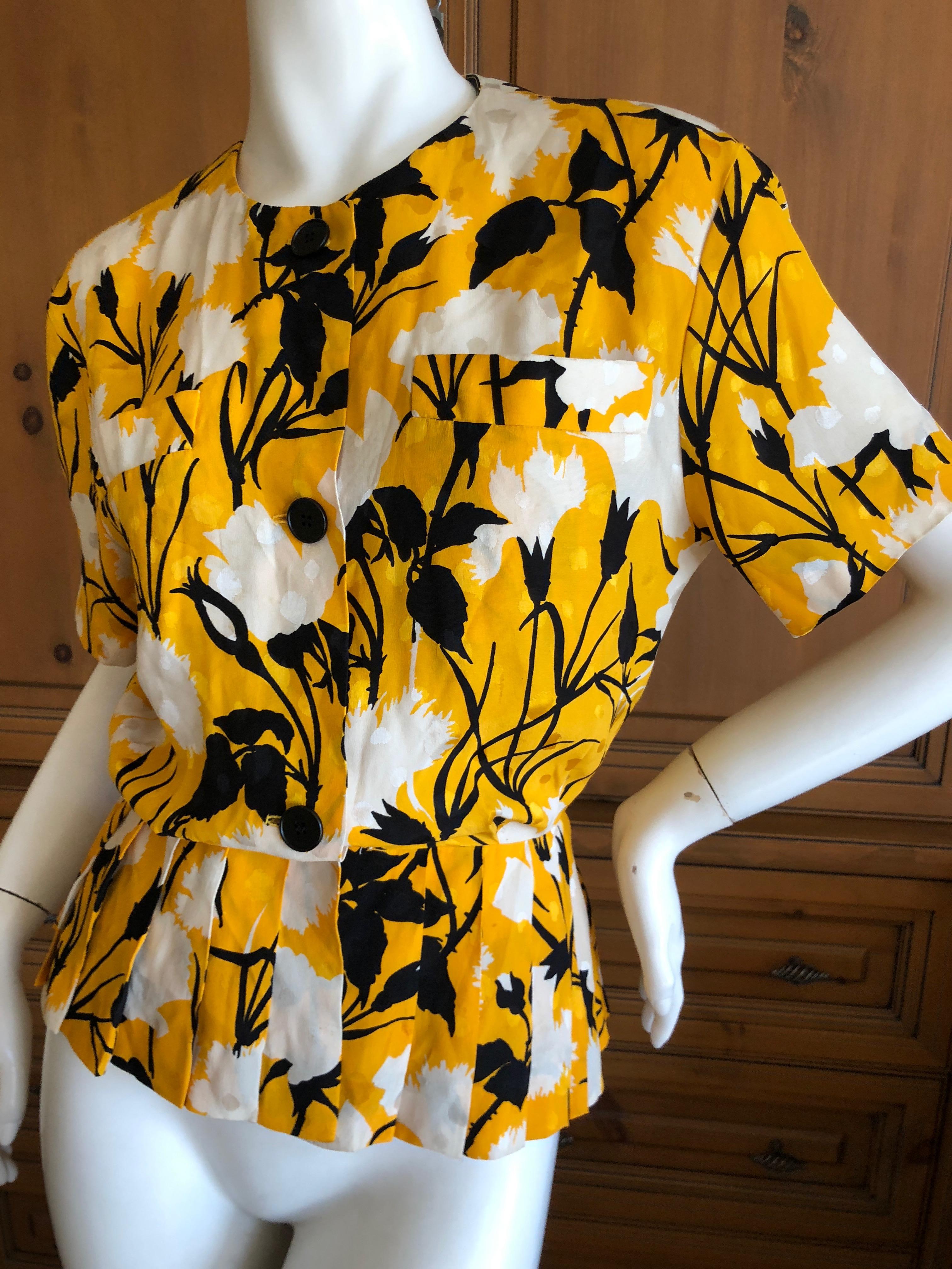 Christian Dior by Gianfranco Ferre Blossom Pattern Silk Top with Pleated Peplum In Excellent Condition For Sale In Cloverdale, CA