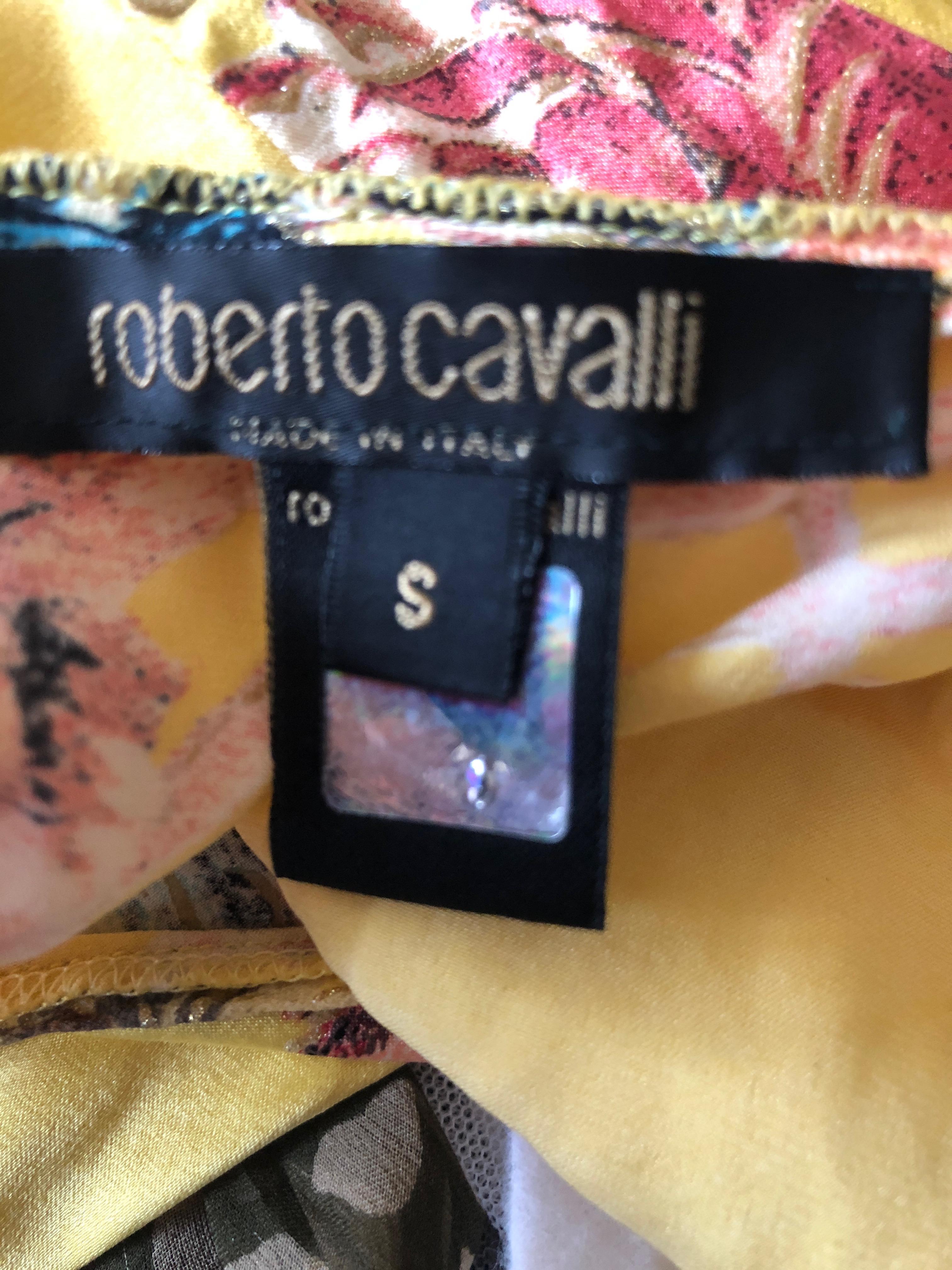 Roberto Cavalli Spring 2003 Backless Yellow Cheongsam Style Floral with Pheasant For Sale 3