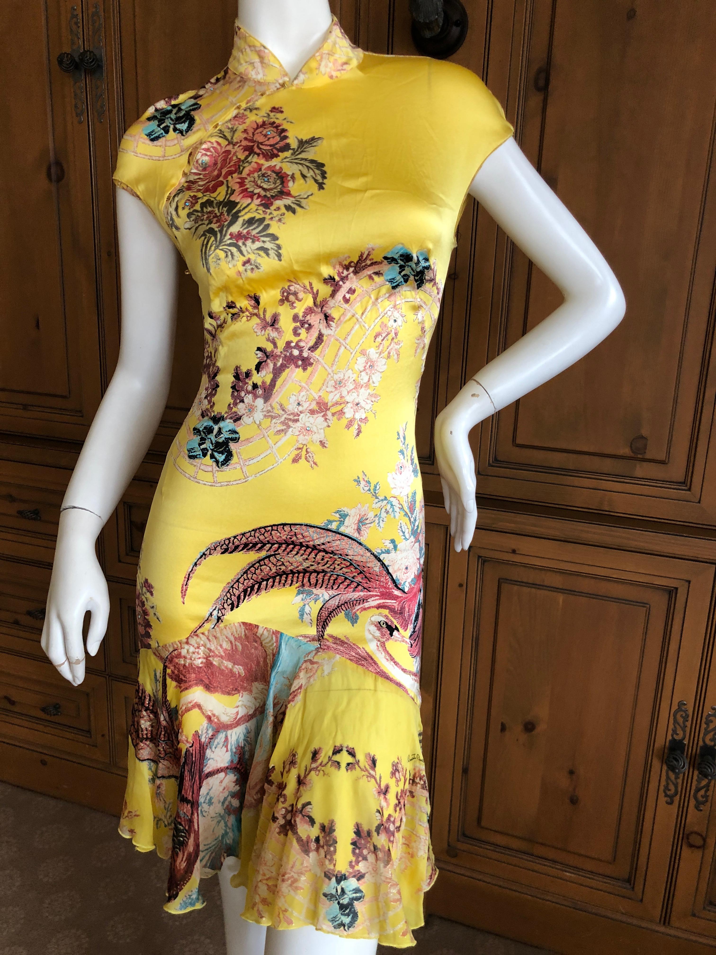 Roberto Cavalli Spring 2003 Backless Yellow Cheongsam Style Floral with Pheasant In Excellent Condition For Sale In Cloverdale, CA