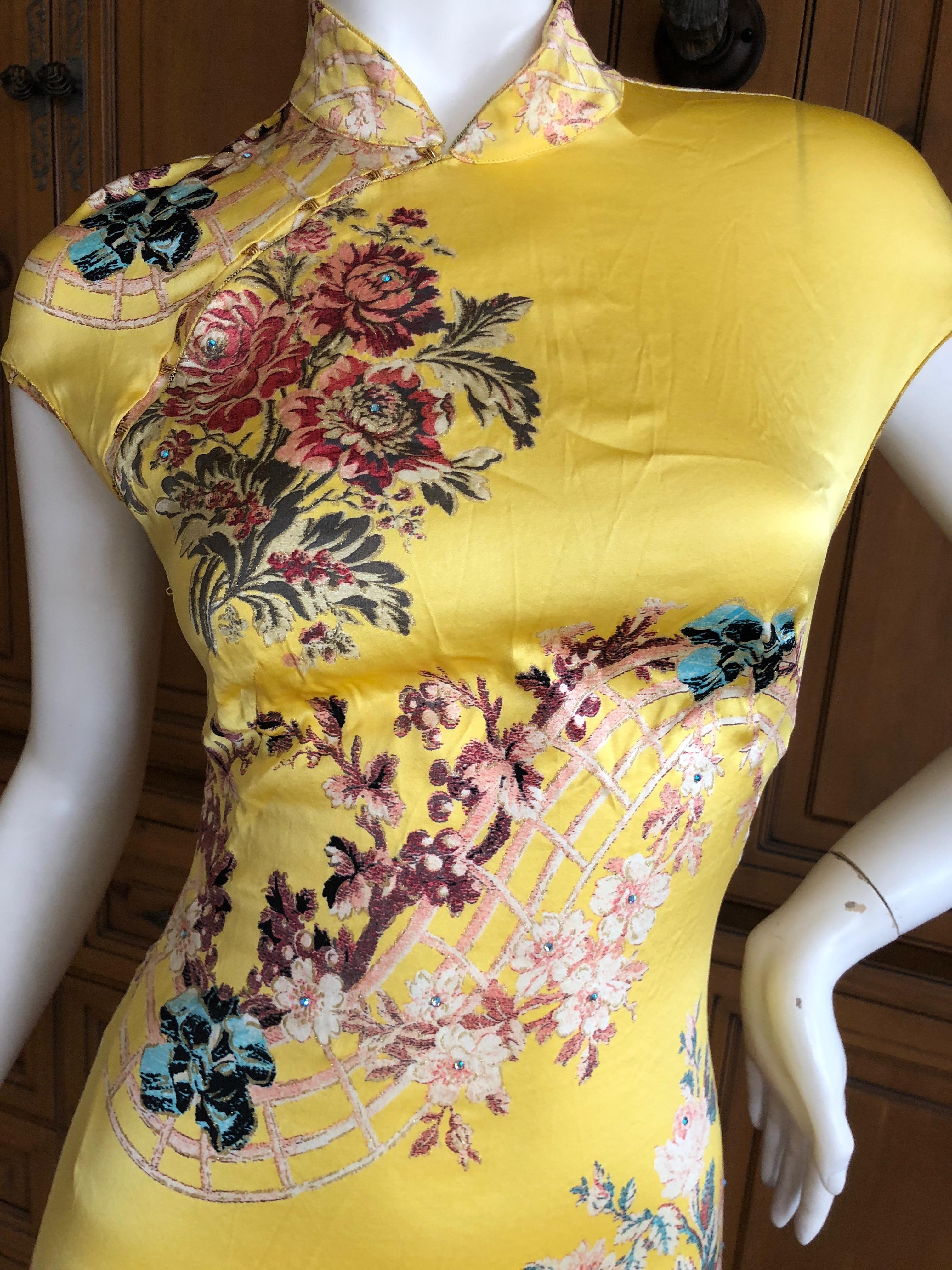 Women's Roberto Cavalli Spring 2003 Backless Yellow Cheongsam Style Floral with Pheasant For Sale