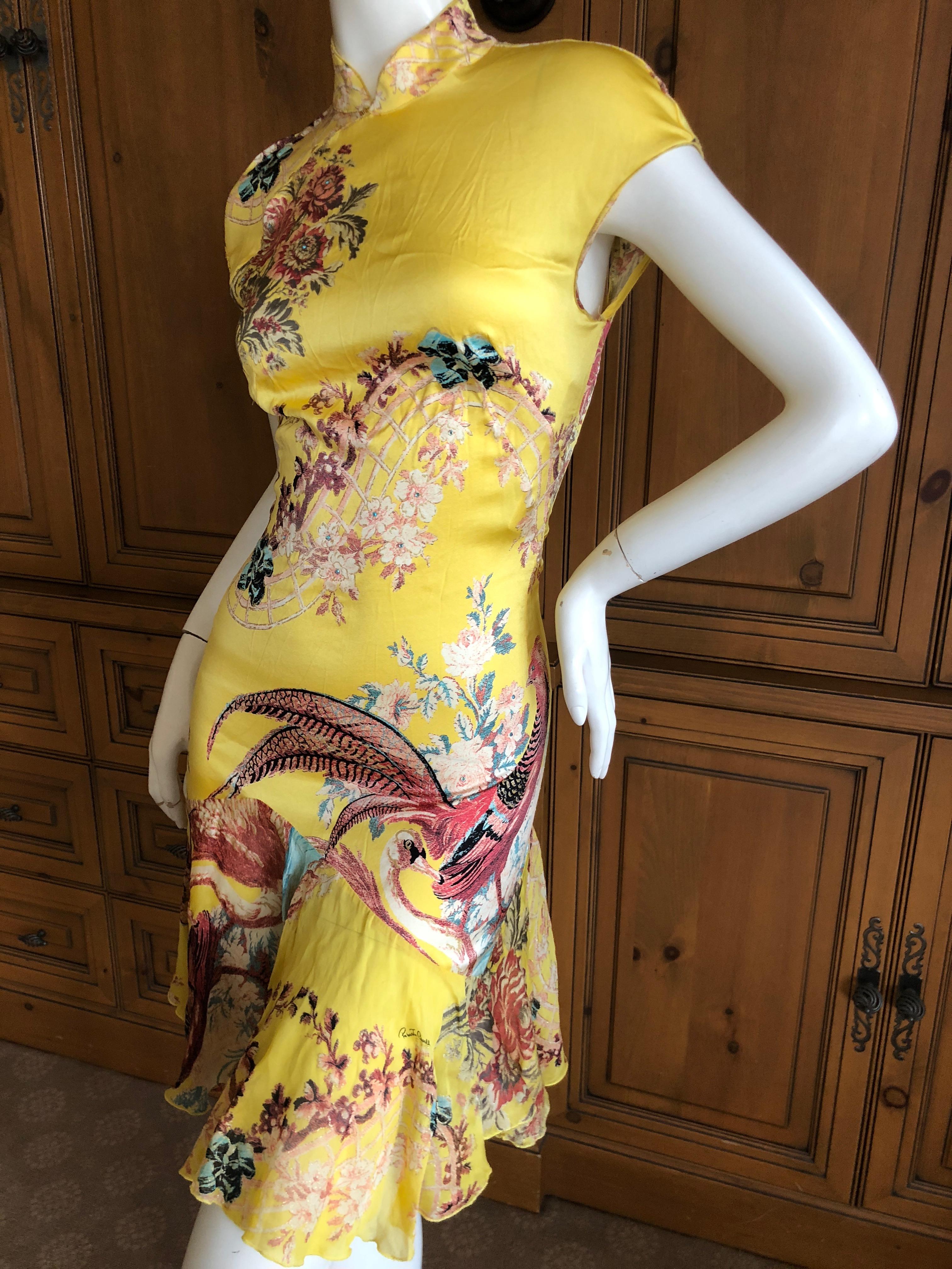 Roberto Cavalli Spring 2003 Backless Yellow Cheongsam Style Floral with Pheasant For Sale 2