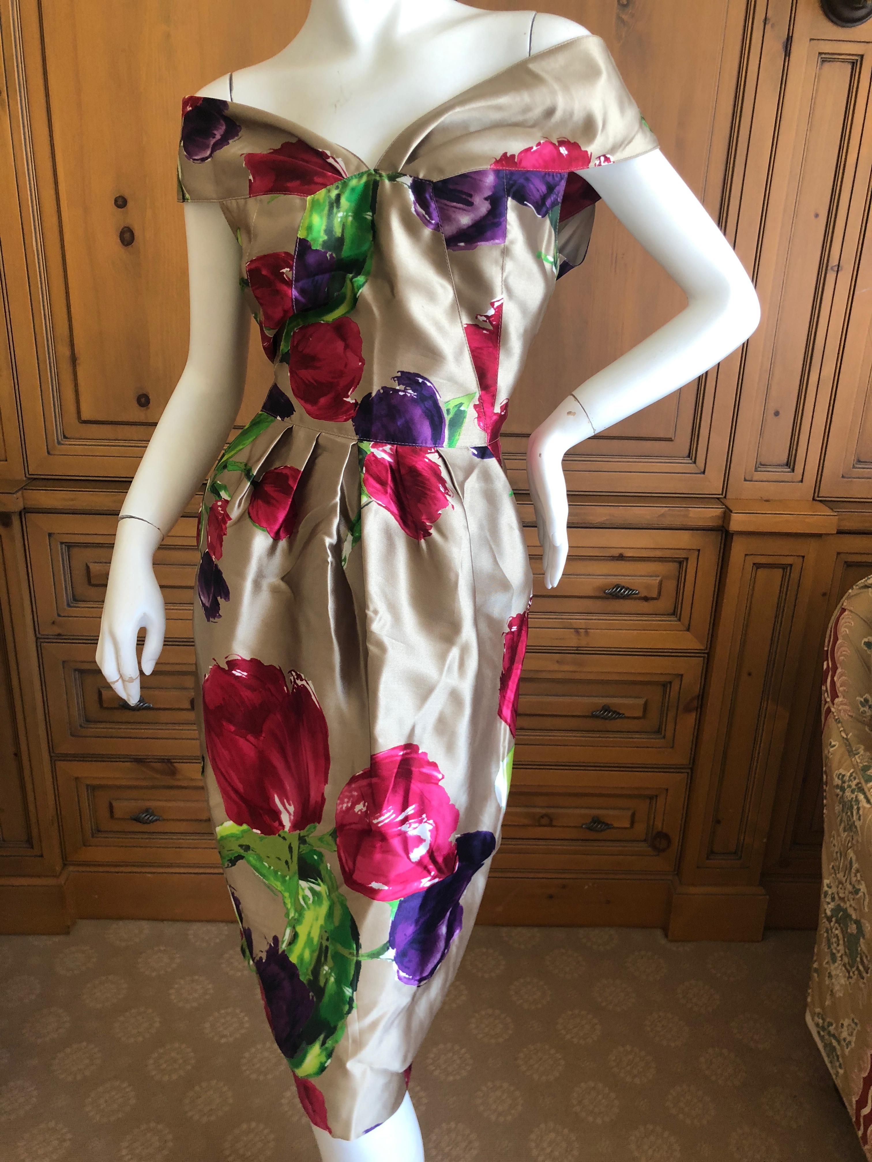 Oscar de la Renta Vintage Gold Silk Floral Off the Shoulder Cocktail Dress  In Excellent Condition For Sale In Cloverdale, CA