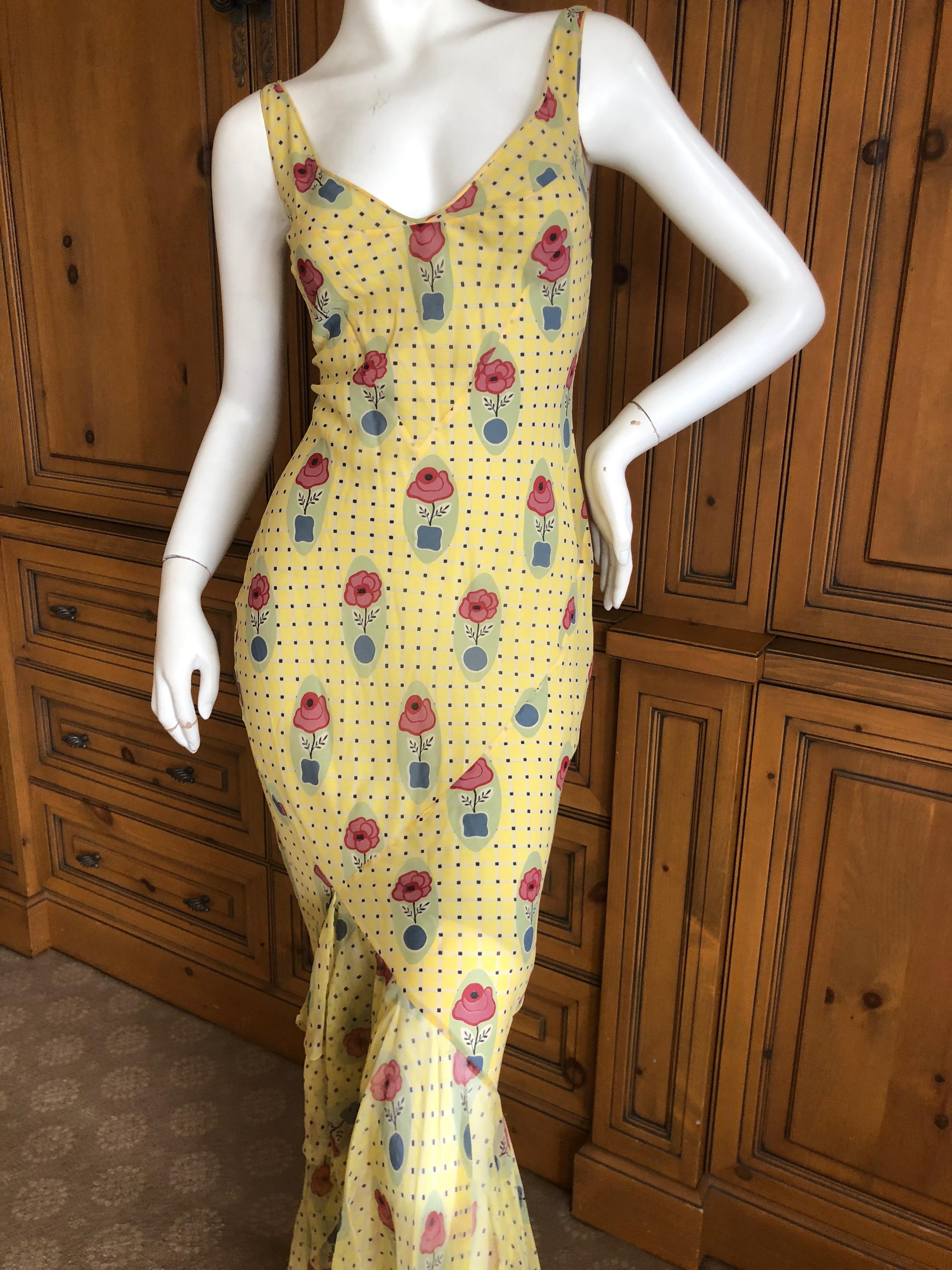  John Galliano 2004 Yellow Silk Flower Pot Pattern Ruffled Evening Dress  In Excellent Condition For Sale In Cloverdale, CA