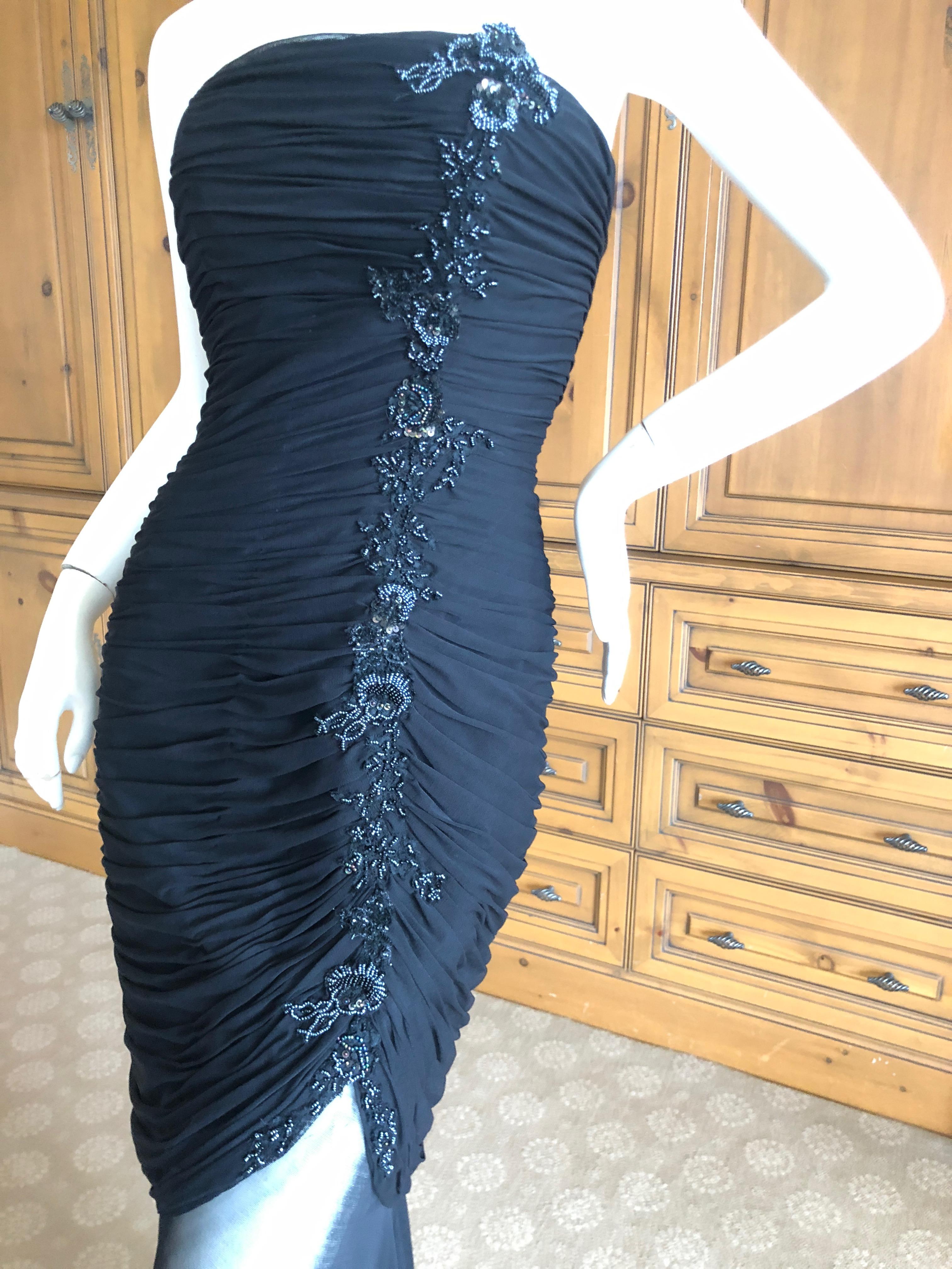 Vicky Tiel Couture Paris Neiman's Shirred Strapless Black Beaded Evening Dress In Excellent Condition For Sale In Cloverdale, CA