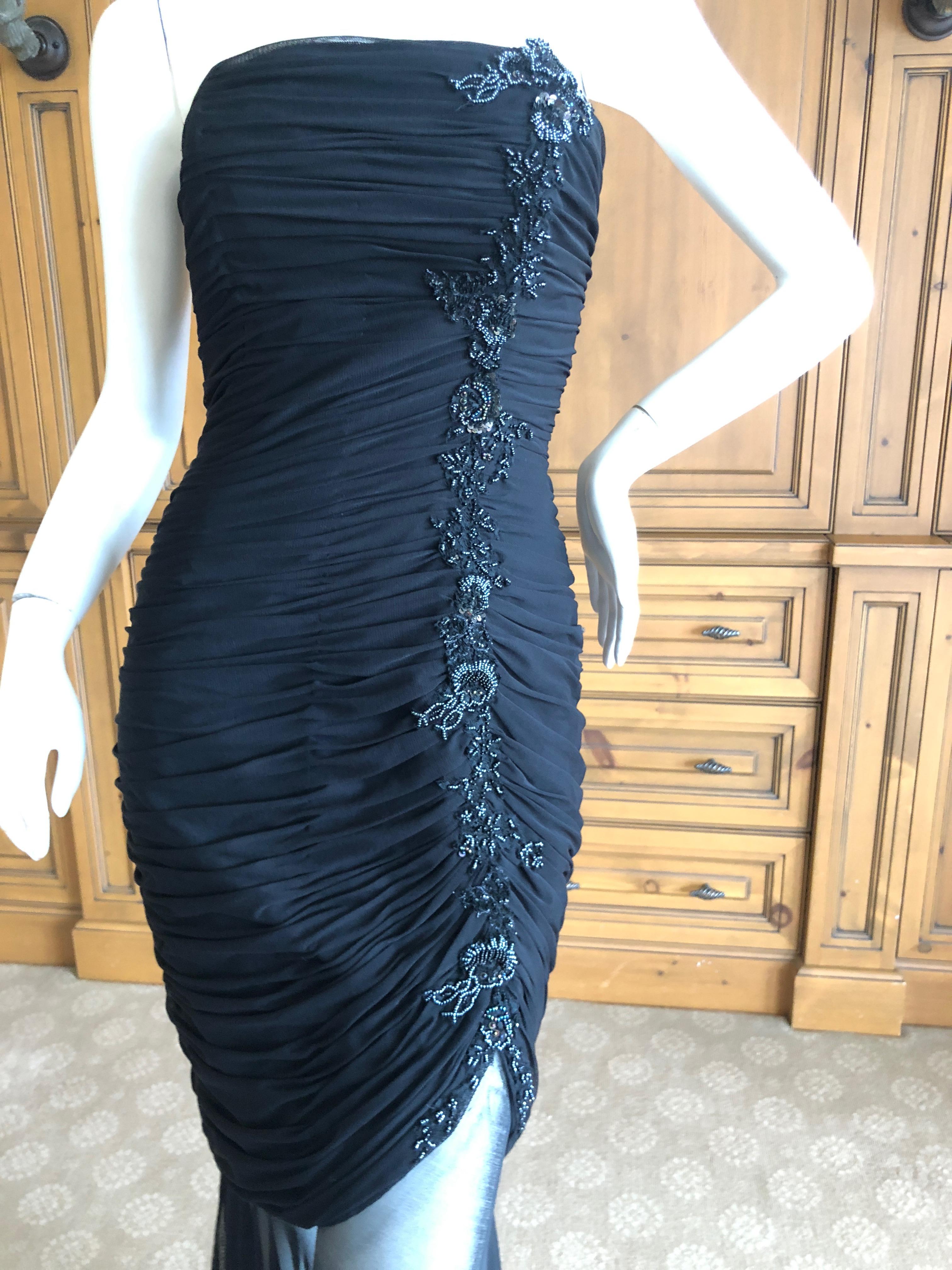 Women's or Men's Vicky Tiel Couture Paris Neiman's Shirred Strapless Black Beaded Evening Dress For Sale