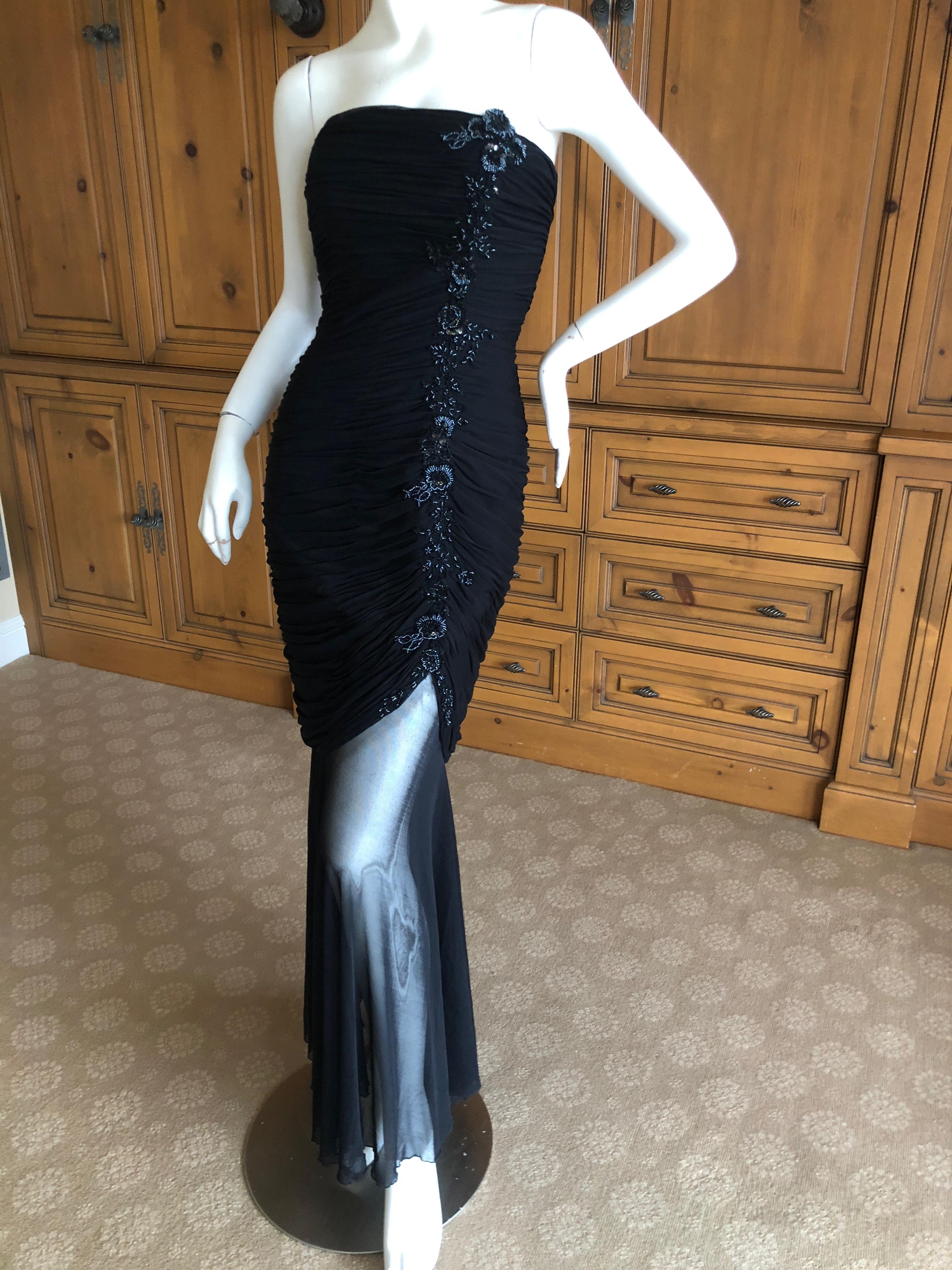 Vicky Tiel Couture Paris Neiman's Shirred Strapless Black Beaded Evening Dress For Sale 1