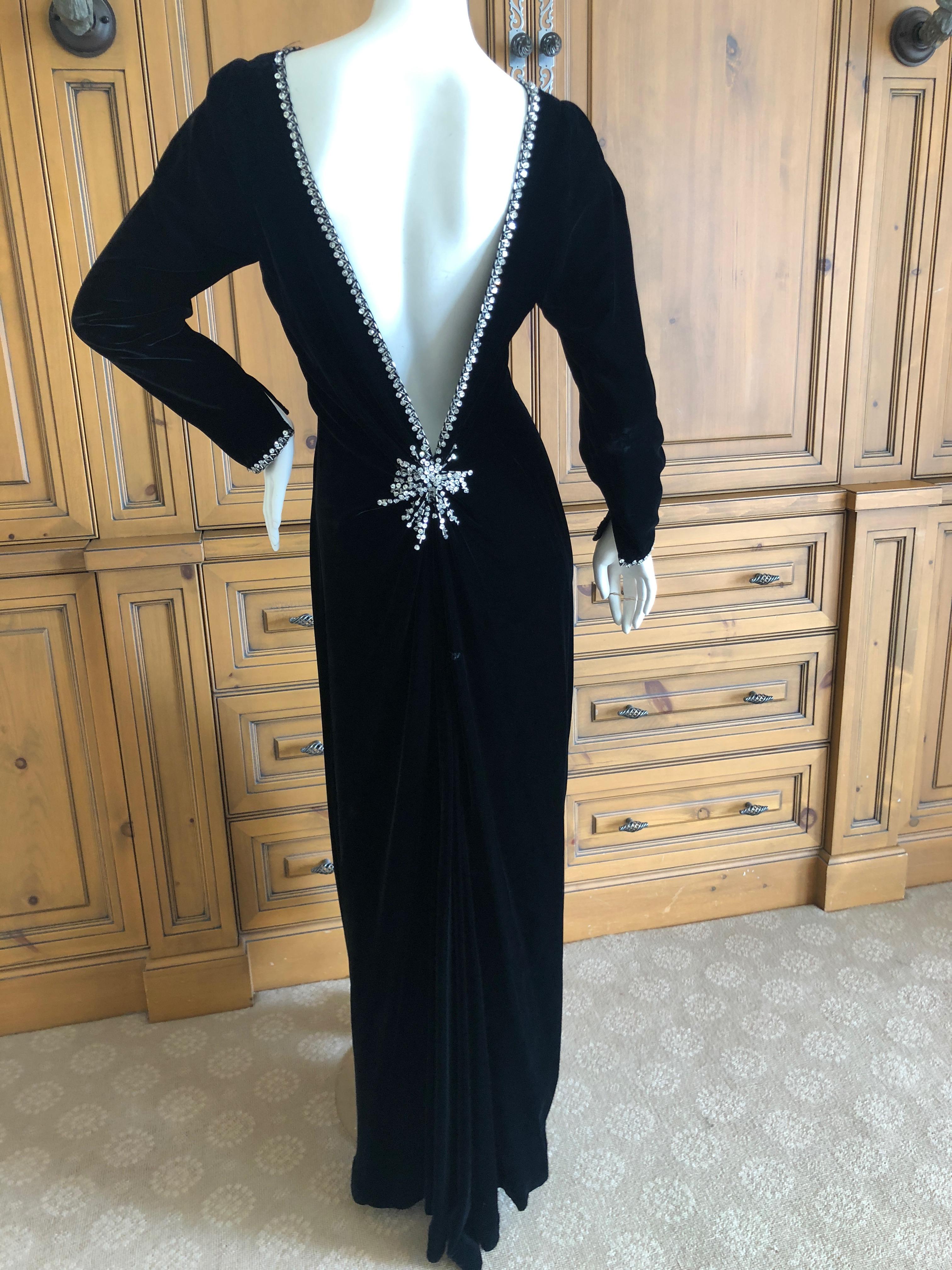 Fabrice for Amen Wardy 1980's Low Cut DIsco Era Silk Velvet Evening Dress.
Cut daringly low, but I don't know which is the front , or back, so I show it both ways.
Pure silk velvet with crystal trim. 
There is some bead loss at the collar, see last