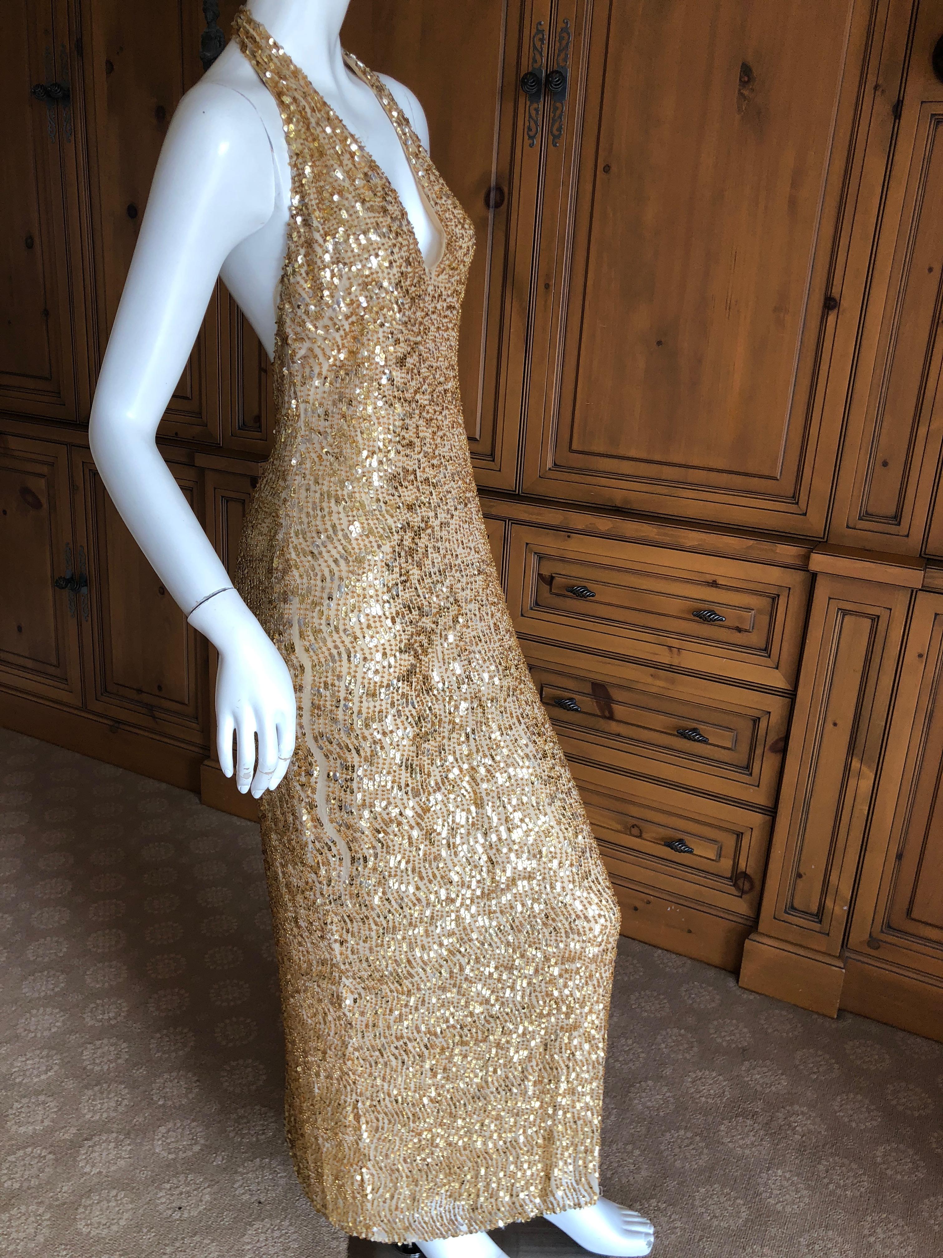 Women's Halston by Randolph Duke 1999 Gold Sequin Halter Style Evening Gown For Sale
