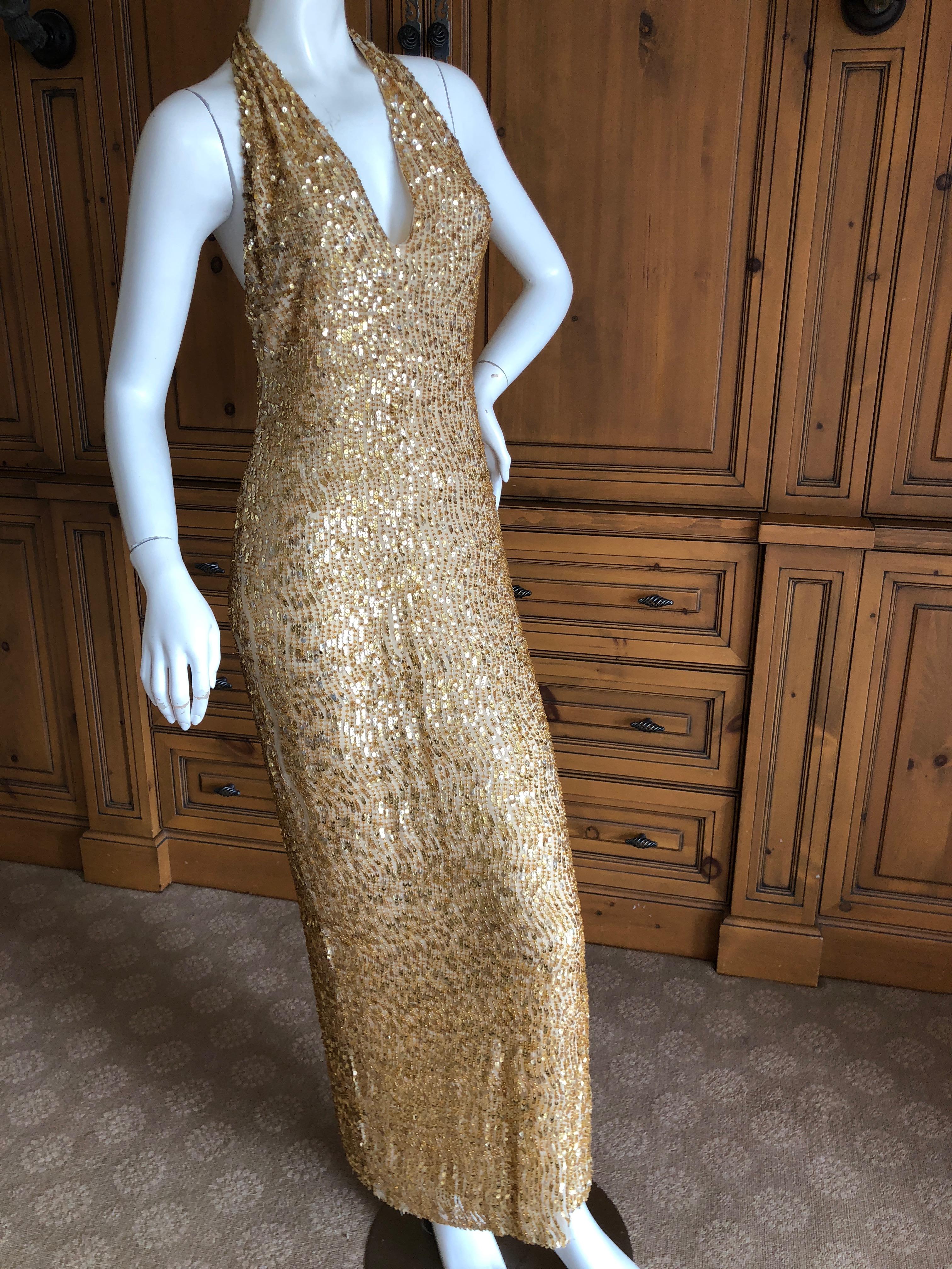 Halston by Randolph Duke 1999 Gold Sequin Halter Style Evening Gown For Sale 1