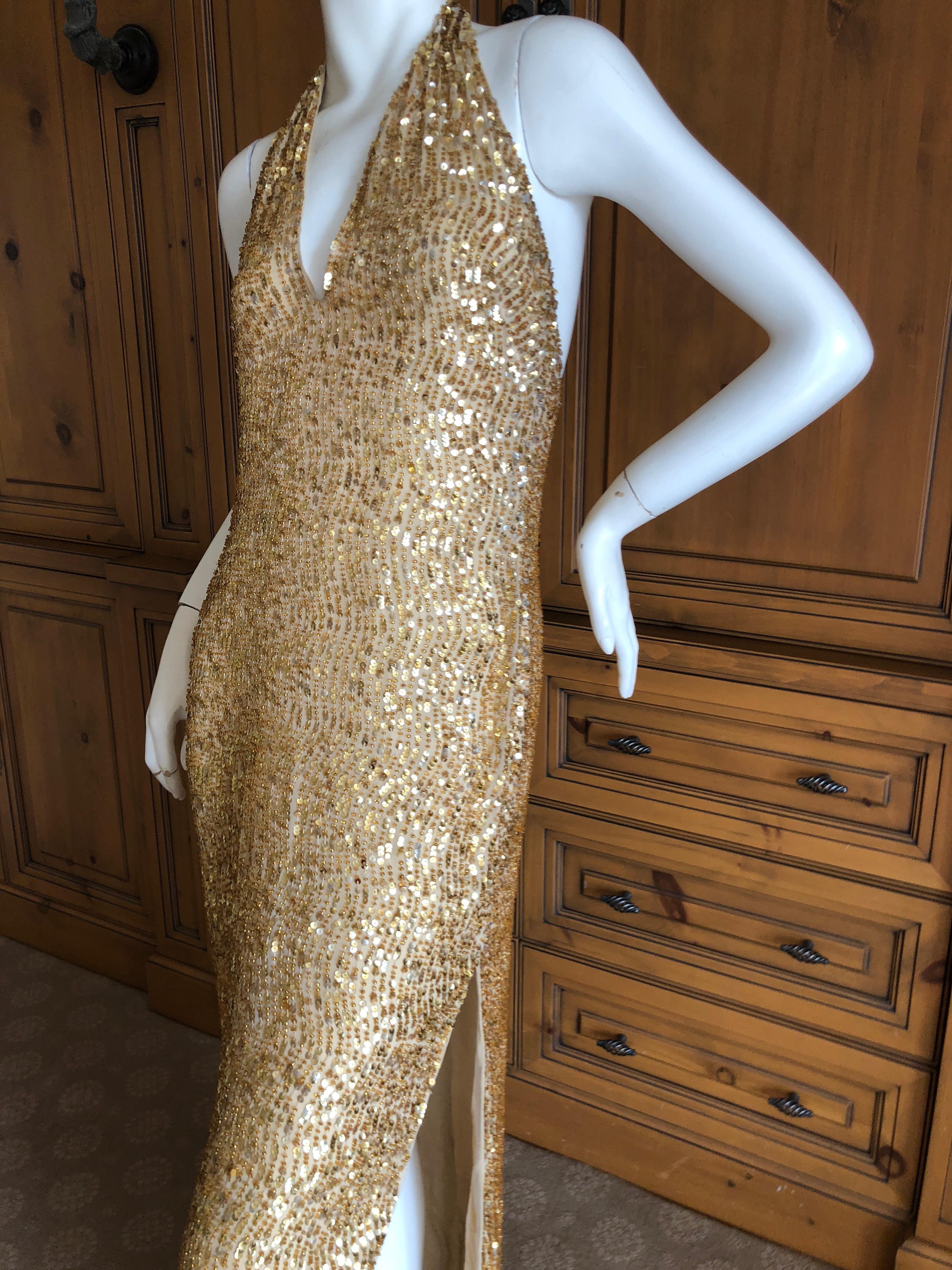 Halston by Randolph Duke 1999 Gold Sequin Halter Style Evening Gown For Sale 2