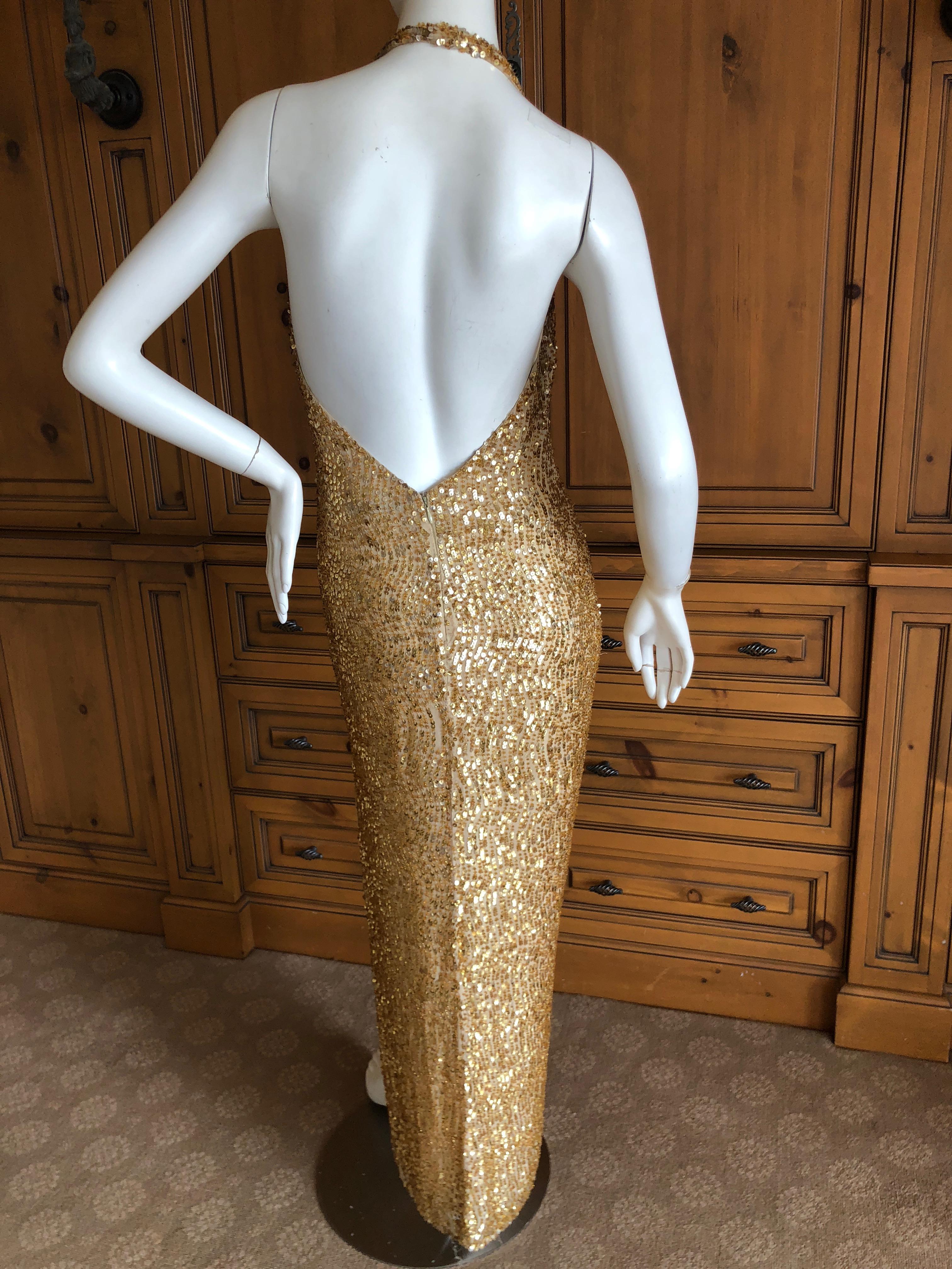 Halston by Randolph Duke 1999 Gold Sequin Halter Style Evening Gown In Fair Condition For Sale In Cloverdale, CA