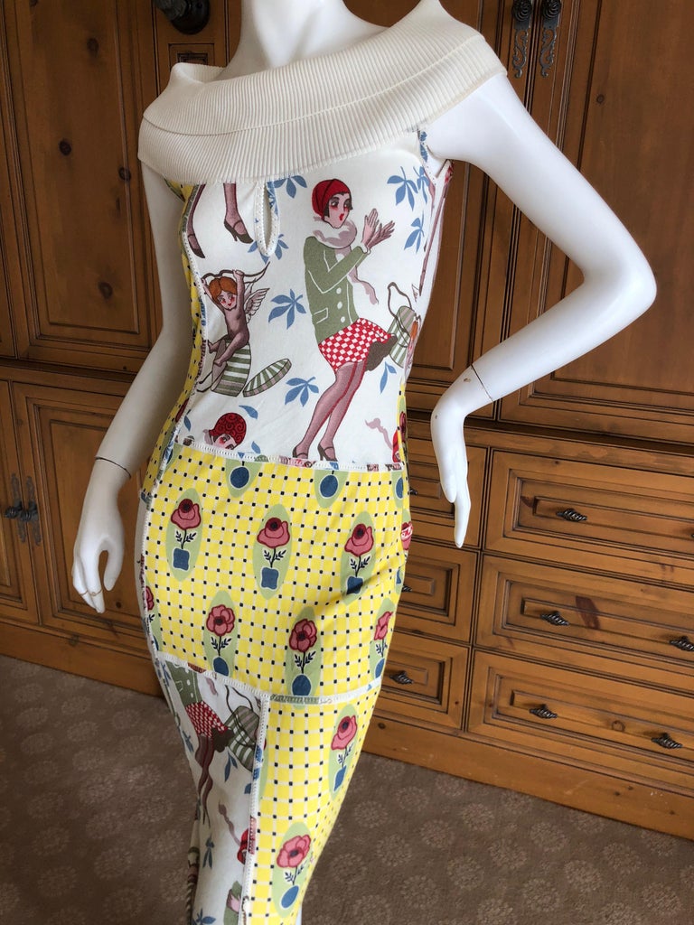 John Galliano 2004 Yellow Silk Flower Pot Pattern Knit Dress For Sale
