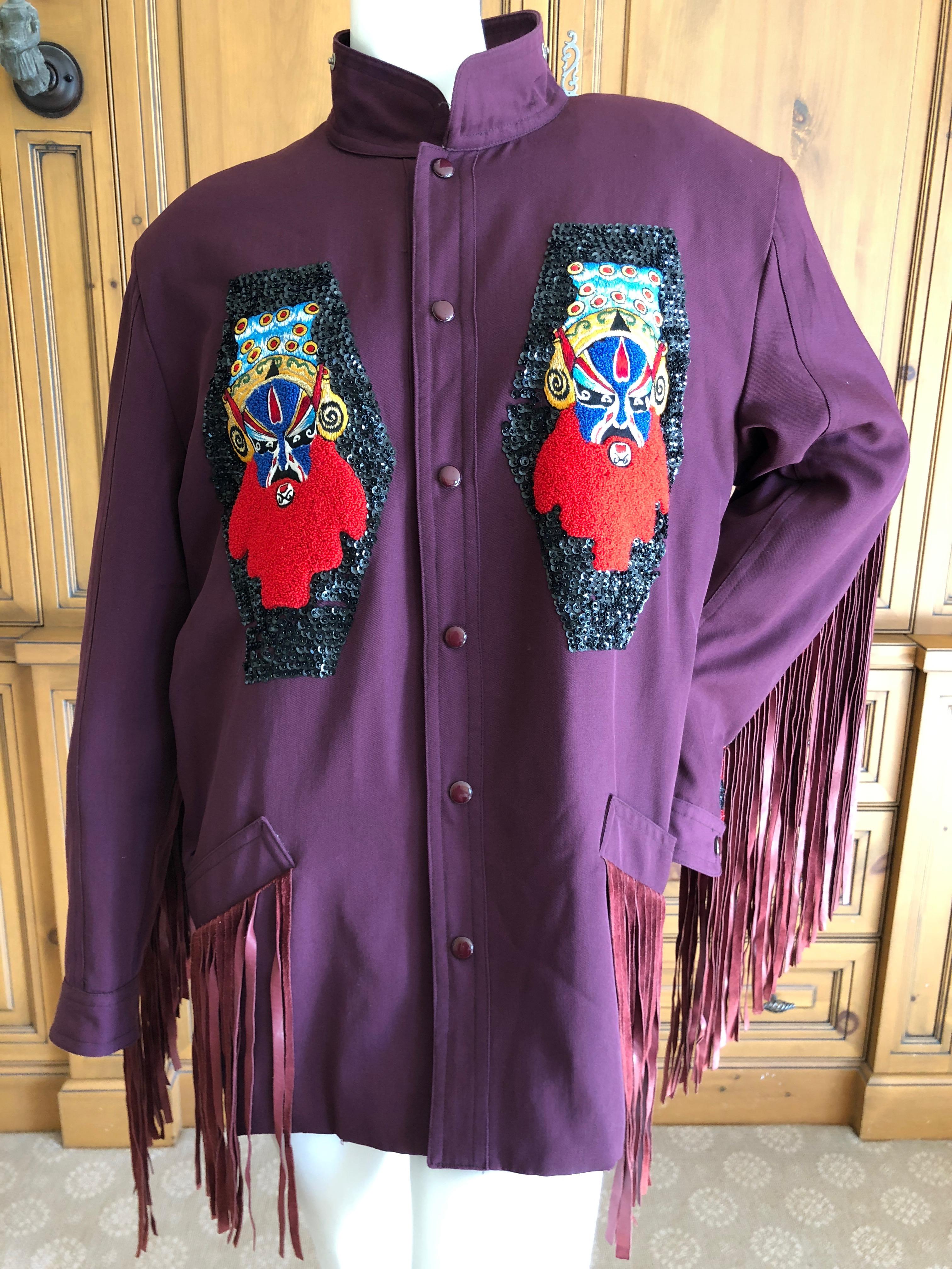 KANSAI YAMAMOTO 1981 Rare Collectible Unisex Embellished Jacket w Suede Fringe

Kansai Typhoon on back, twin  Kabuki mask embroidered on the front.
Will fit men or women.
Chest/Bust 48