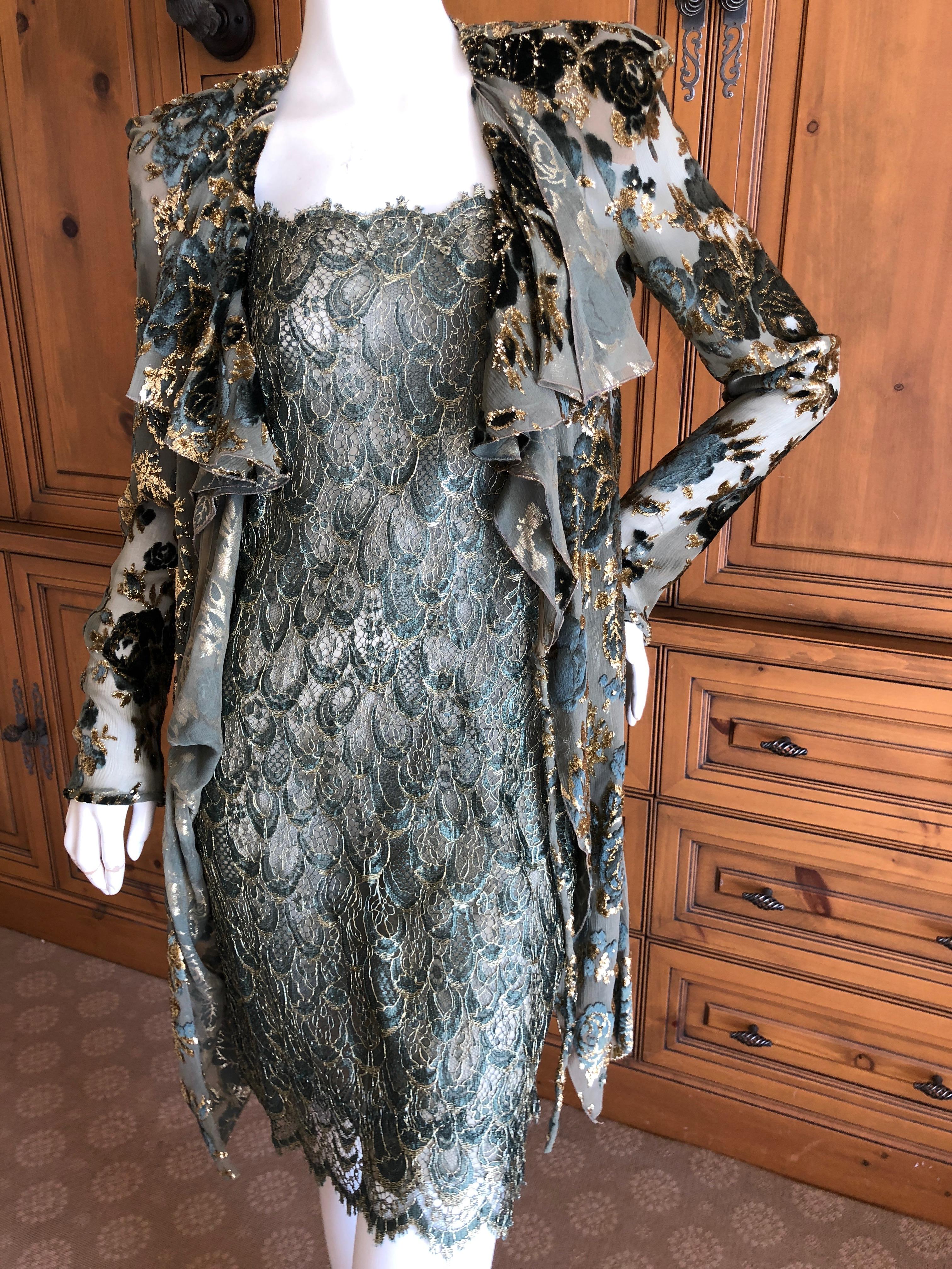 Valentino Vintage 1980'S Guipure Lace Cocktail Dress w Gold Devore Velvet Jacket In Excellent Condition For Sale In Cloverdale, CA