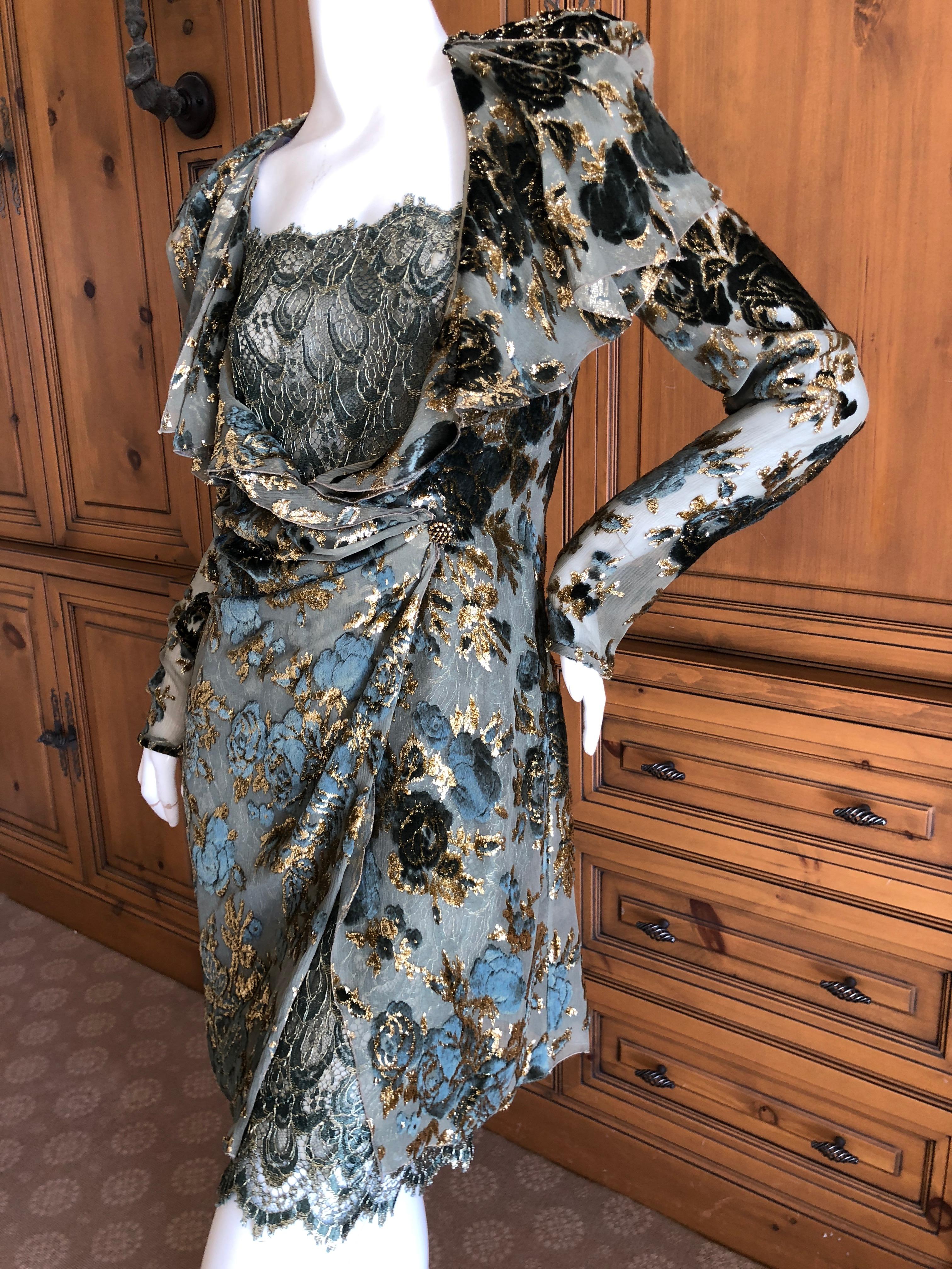 Valentino Vintage 1980'S Guipure Lace Cocktail Dress w Gold Devore Velvet Jacket For Sale 4