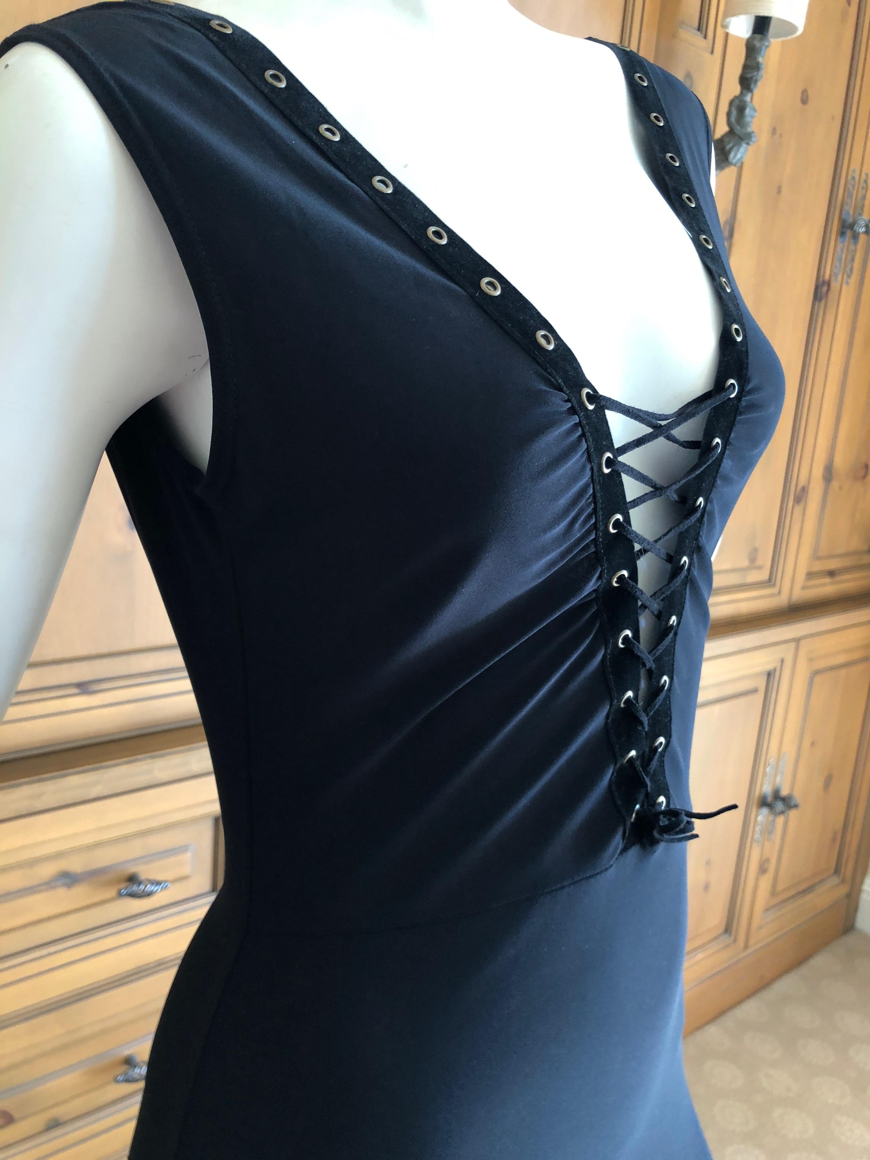 Versace Jeans Couture Plunging Velvet Trim Black Column Dress w Corset Lacing For Sale 1