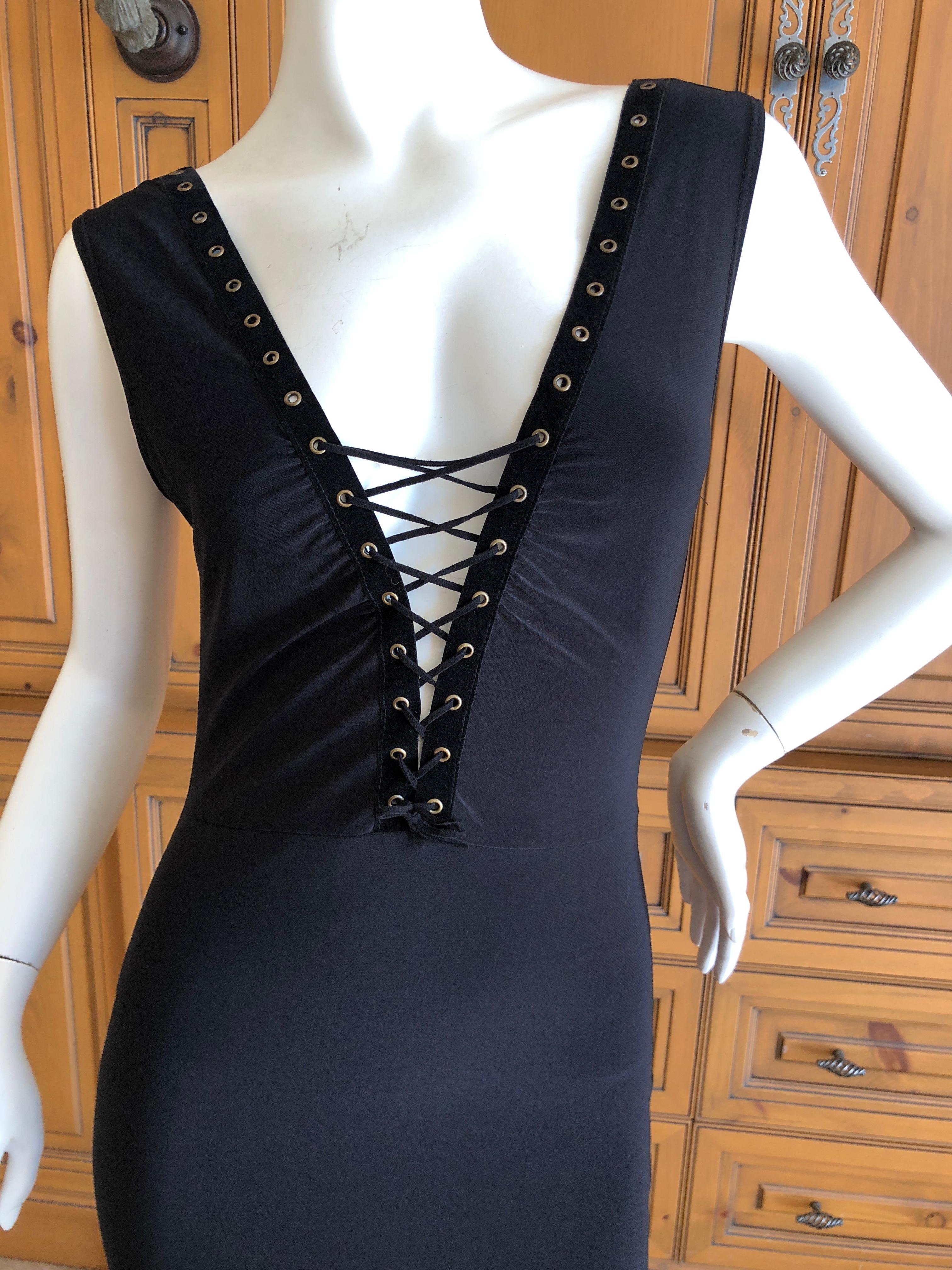  Versace Jeans Couture Plunging Velvet Trim Black Column Dress w Corset Lacing In Excellent Condition For Sale In Cloverdale, CA