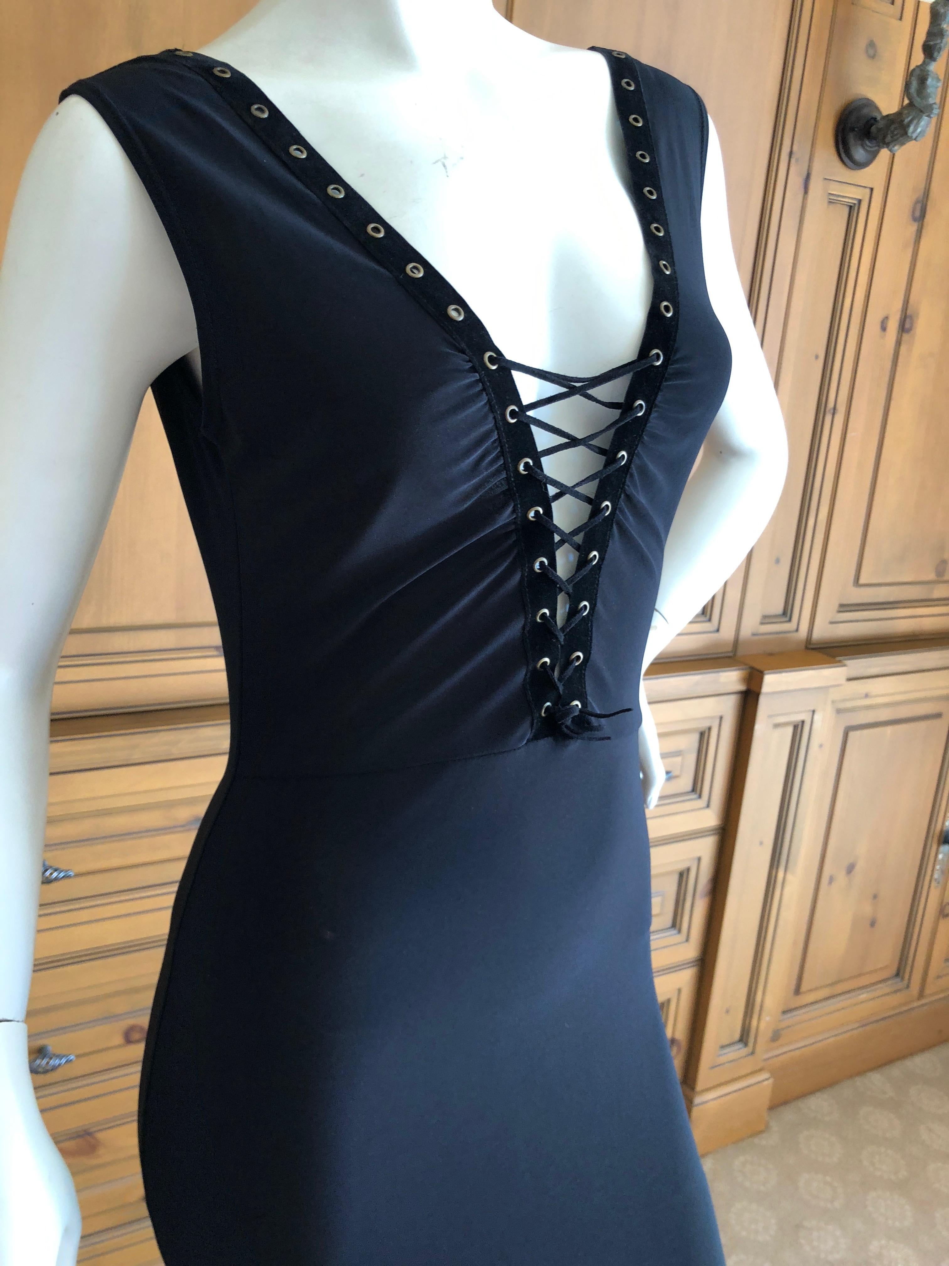  Versace Jeans Couture Plunging Velvet Trim Black Column Dress w Corset Lacing For Sale 2