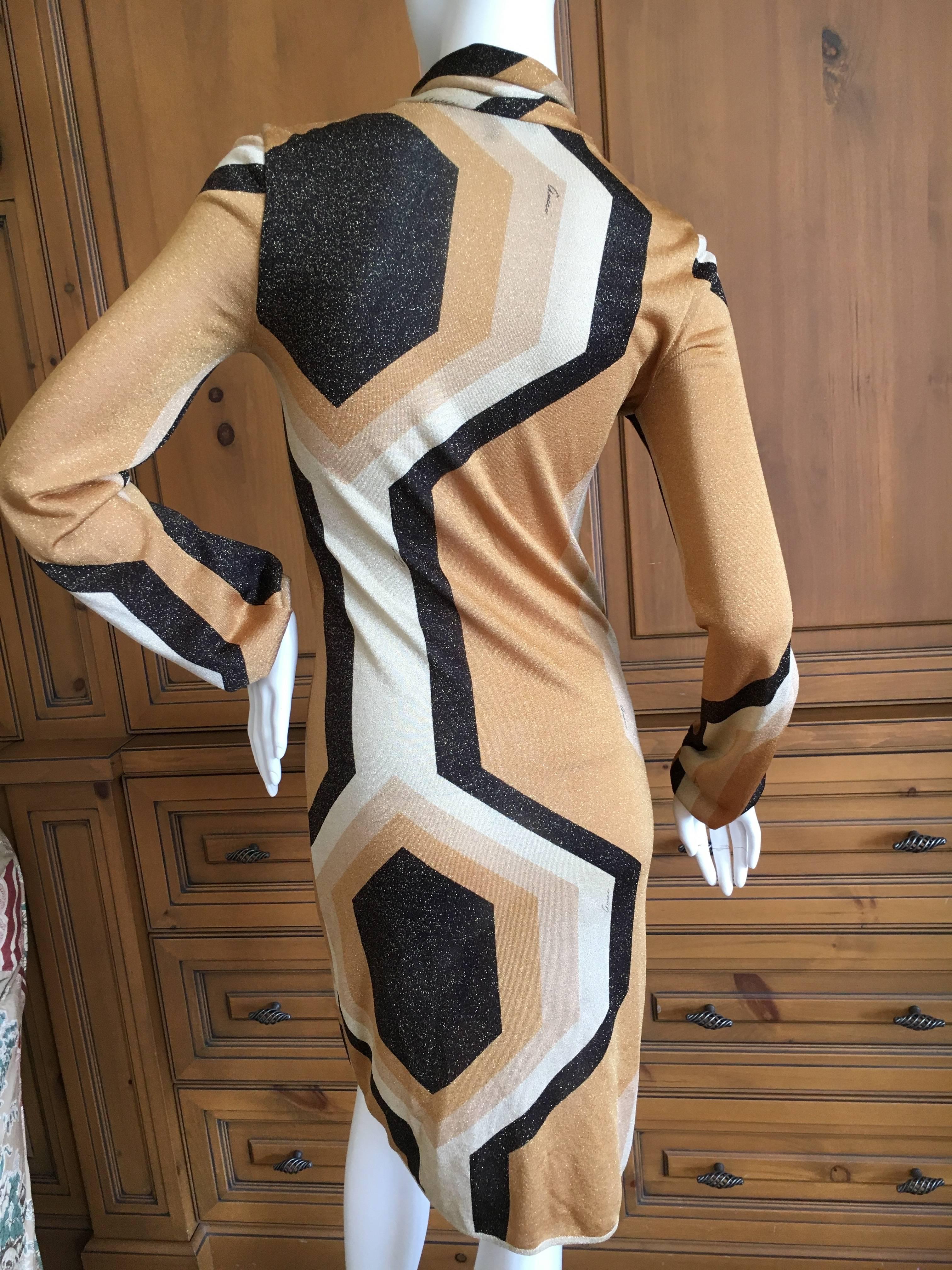 Gucci by Tom Ford Fall 2000 Gold Geometric Print Dress with Pussy Bow For Sale 5