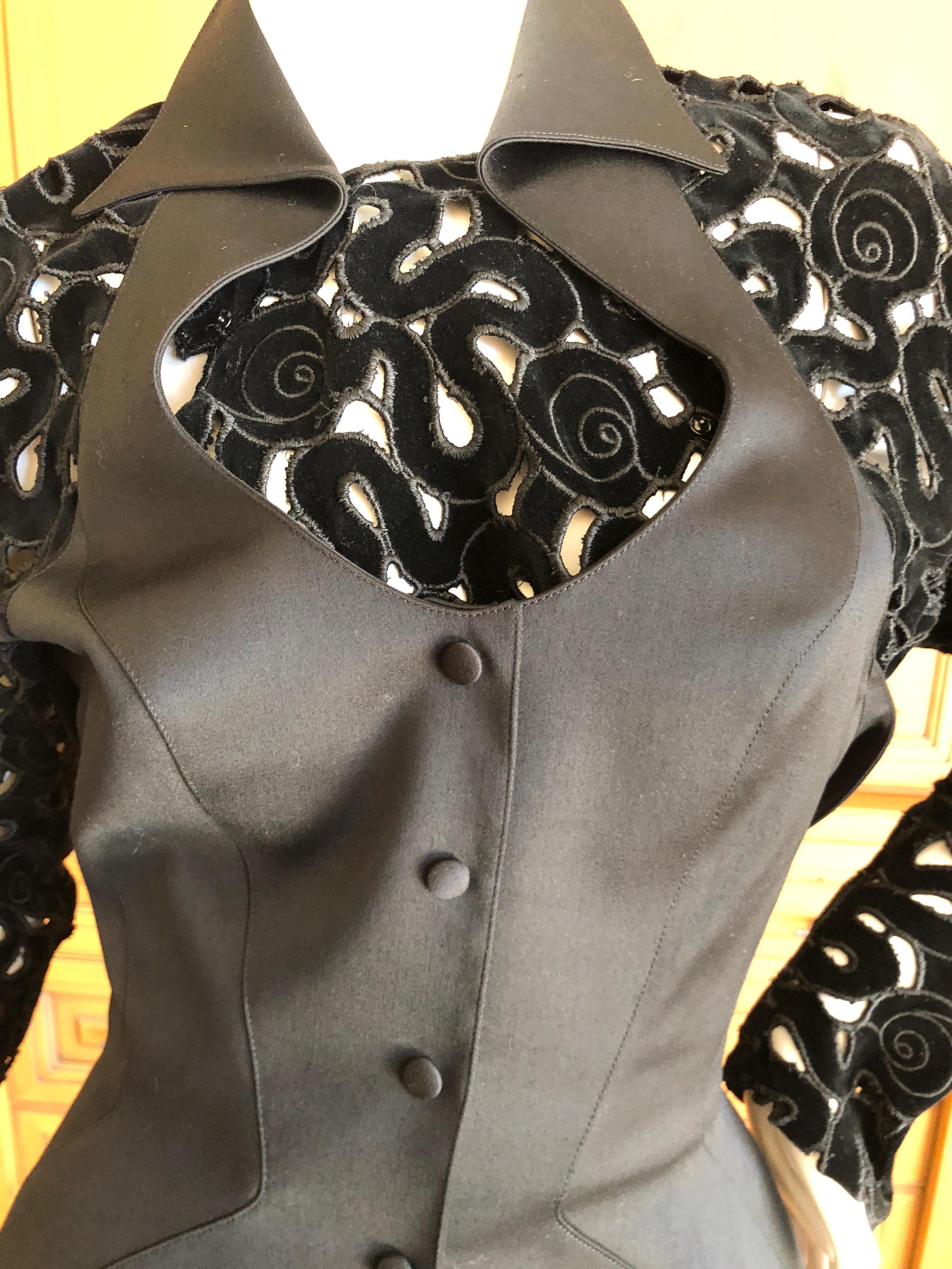 Thierry Mugler Vintage 1980's Black Evening Suit with Cut Out Velvet Details 36 In Excellent Condition For Sale In Cloverdale, CA