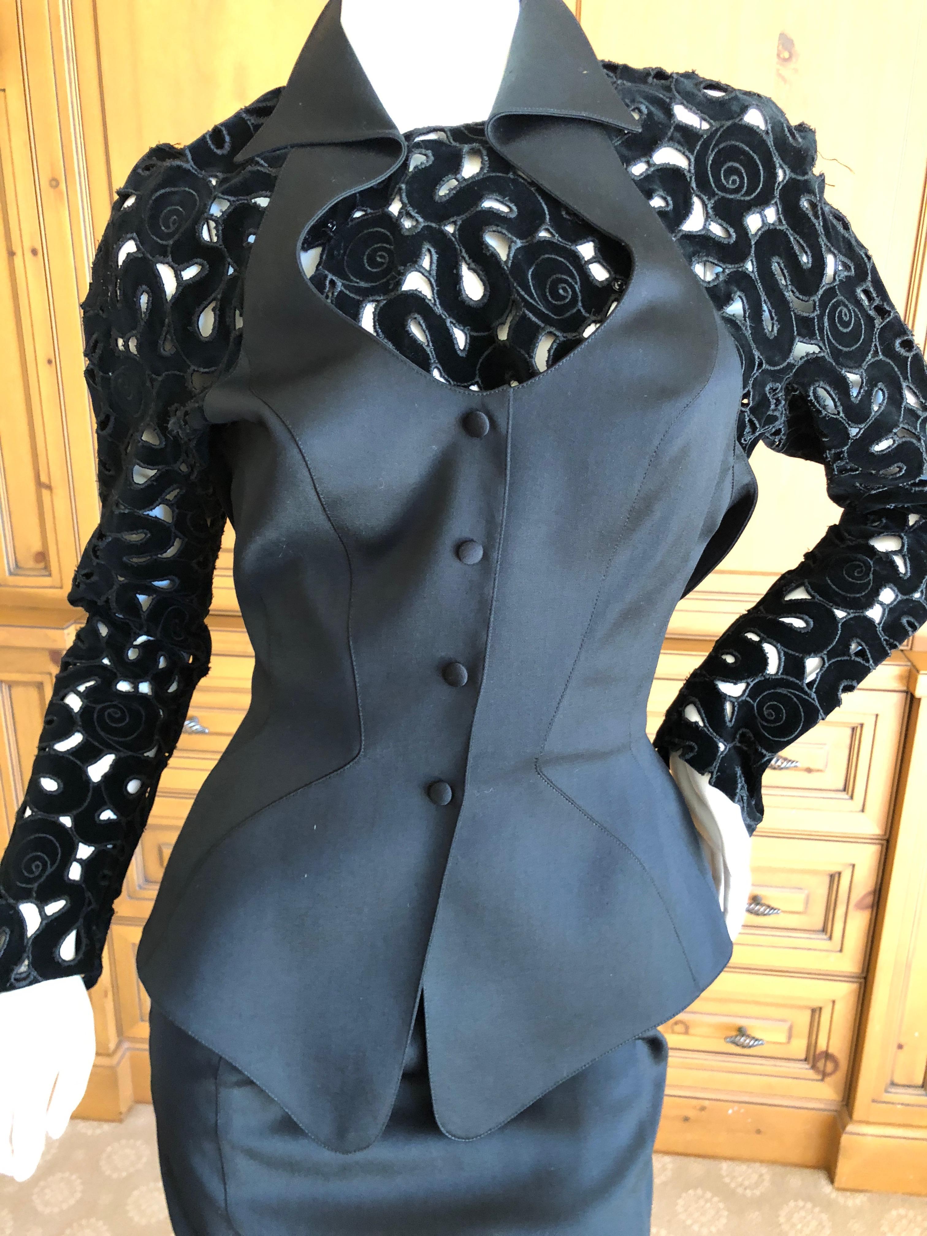 Women's Thierry Mugler Vintage 1980's Black Evening Suit with Cut Out Velvet Details 36 For Sale