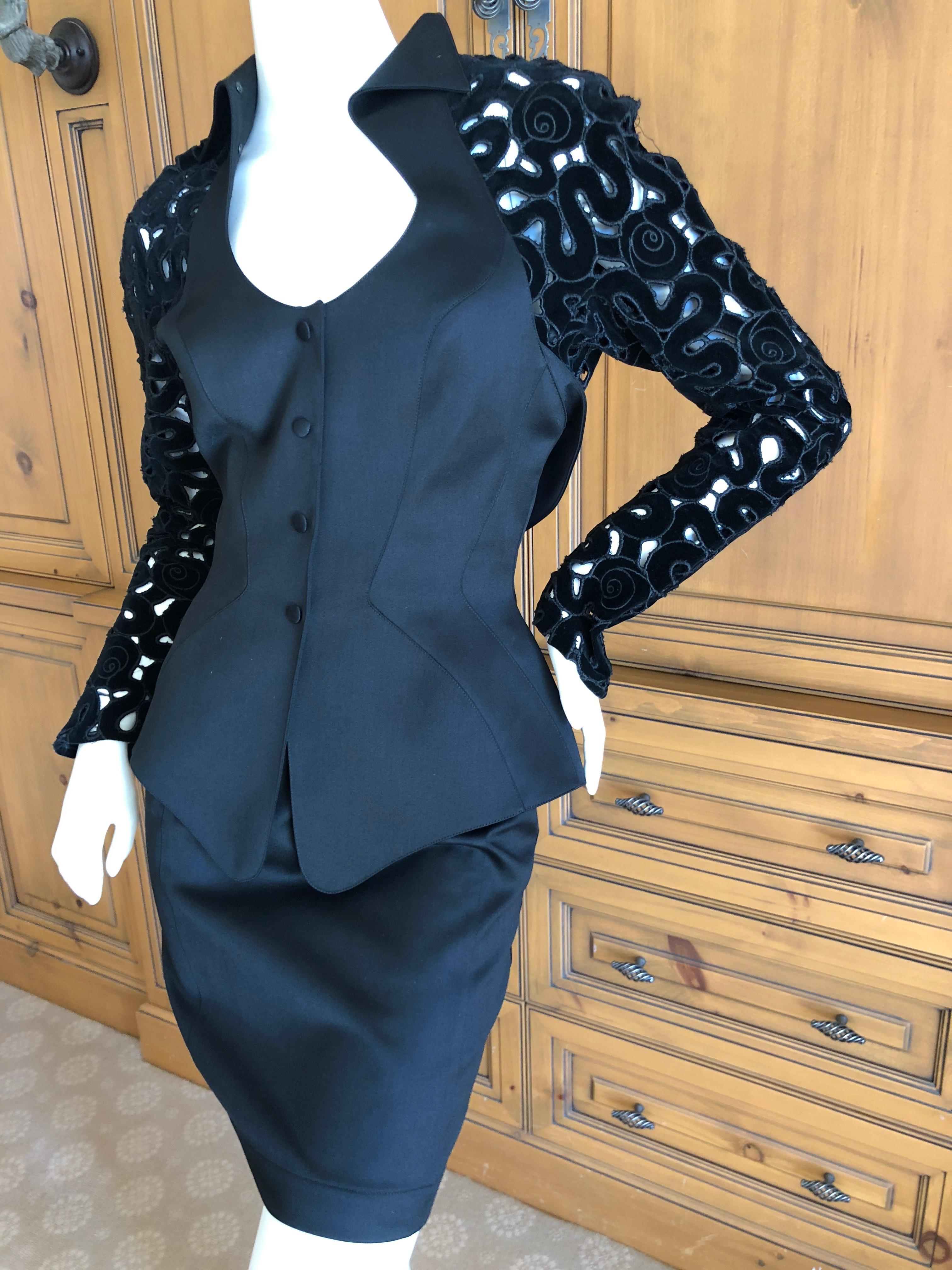 Thierry Mugler Vintage 1980's Black Evening Suit with Cut Out Velvet Details 36 For Sale 3