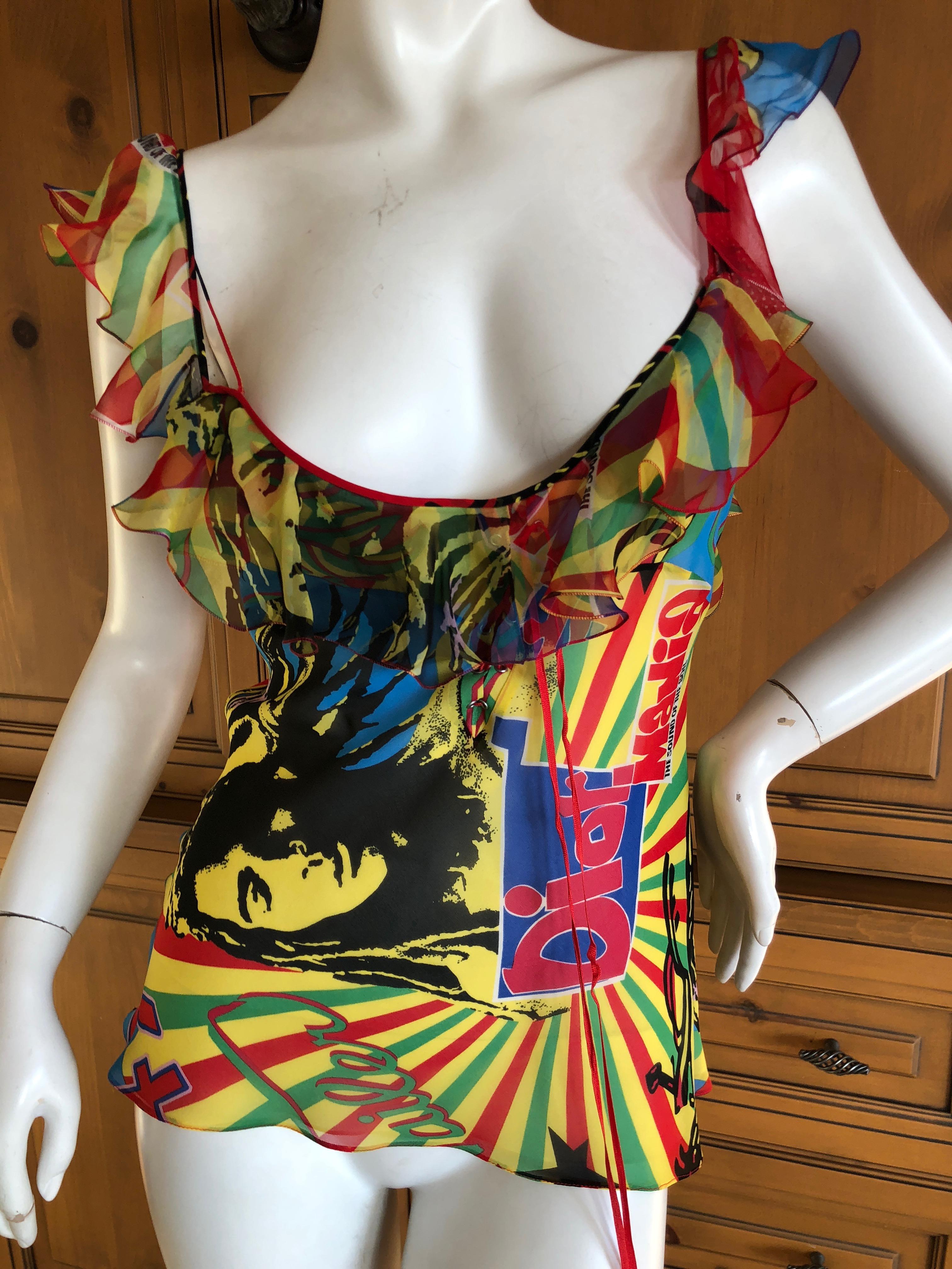 Christian Dior by Galliano 2004 Rasta Collection Silk Top with Chiffon Ruffles In Excellent Condition For Sale In Cloverdale, CA