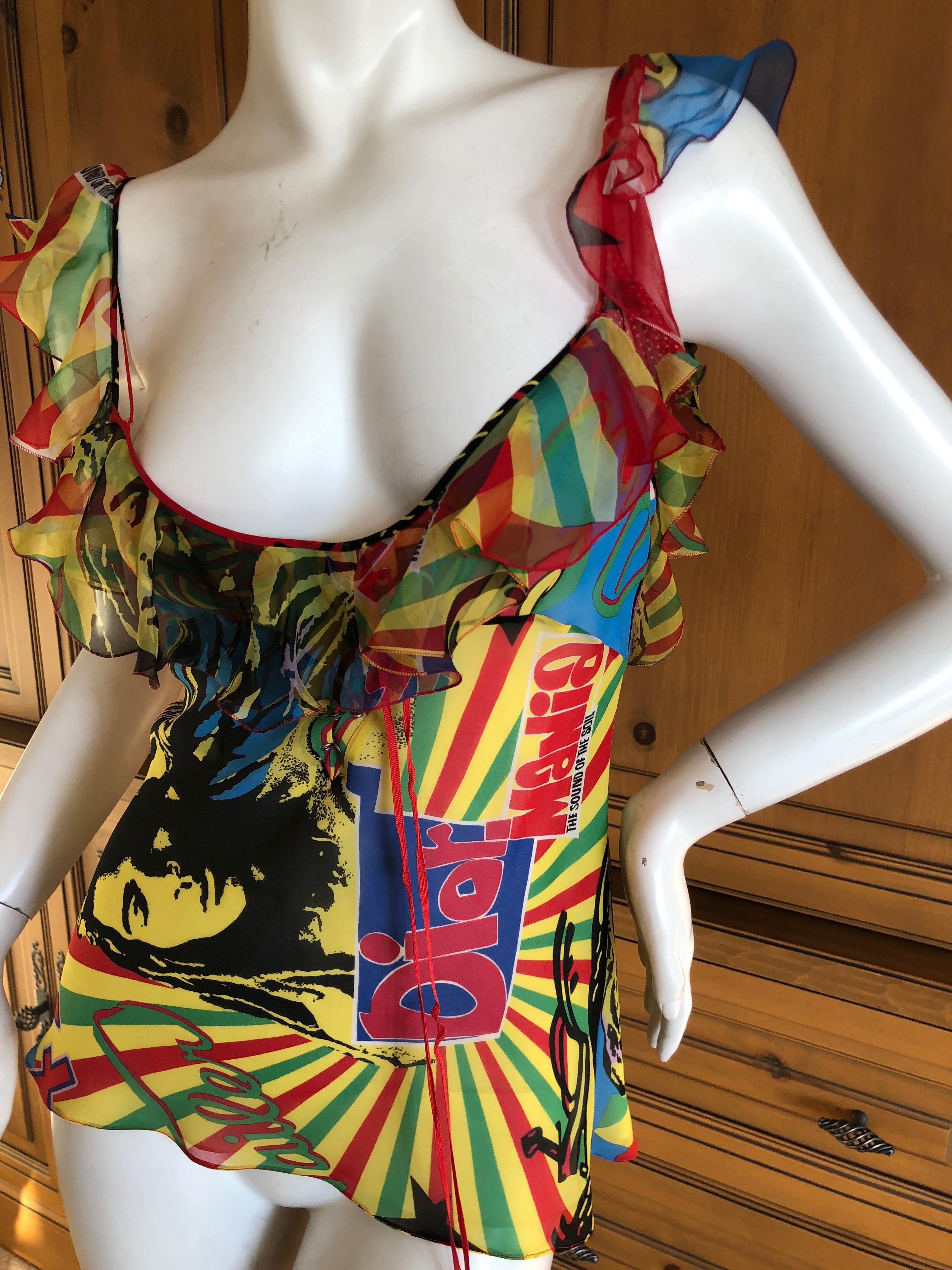 Women's Christian Dior by Galliano 2004 Rasta Collection Silk Top with Chiffon Ruffles For Sale