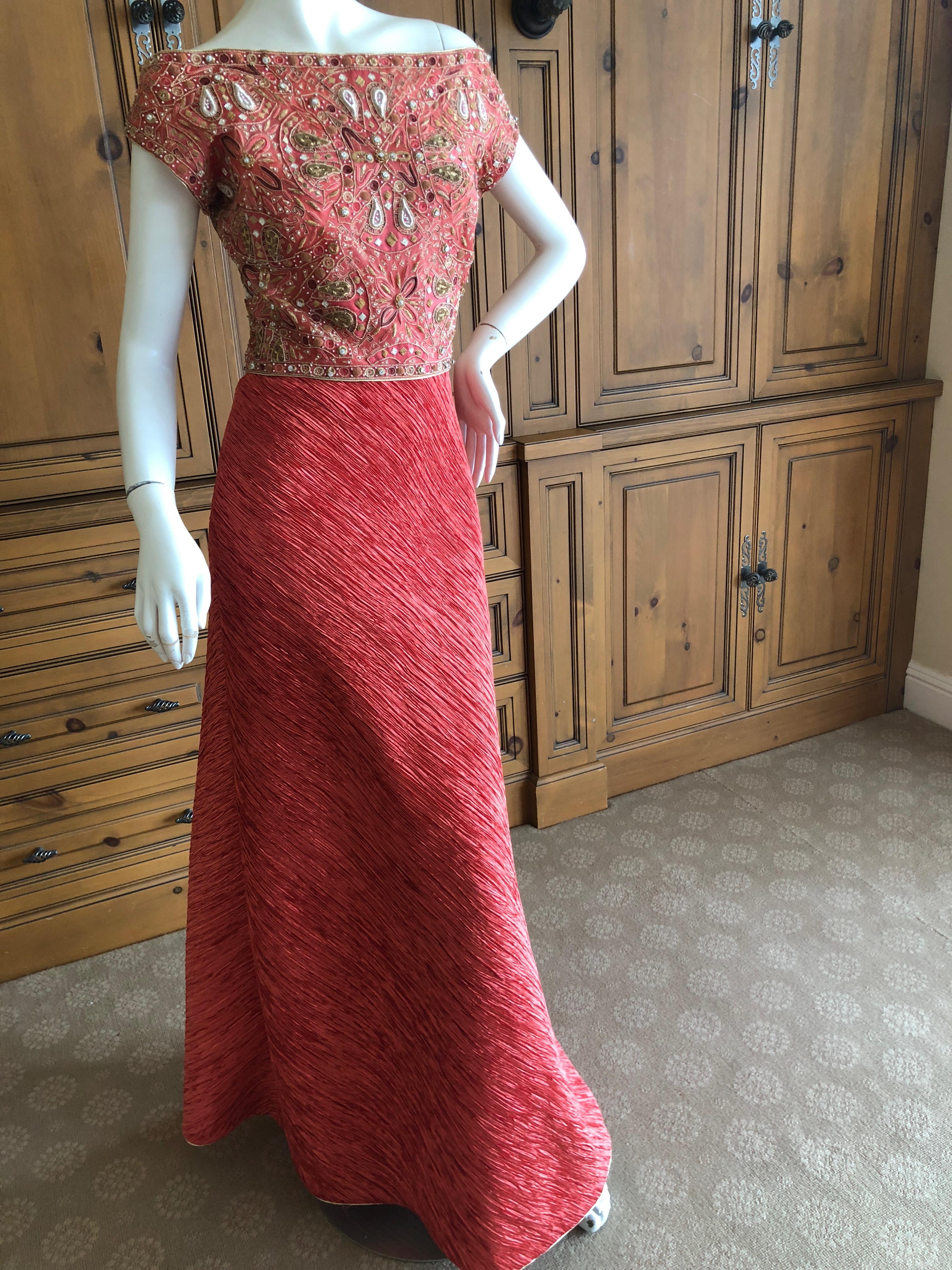 Women's Mary McFadden Couture 1970's Rose Red Plisse Pleated Embellished Evening Dress For Sale