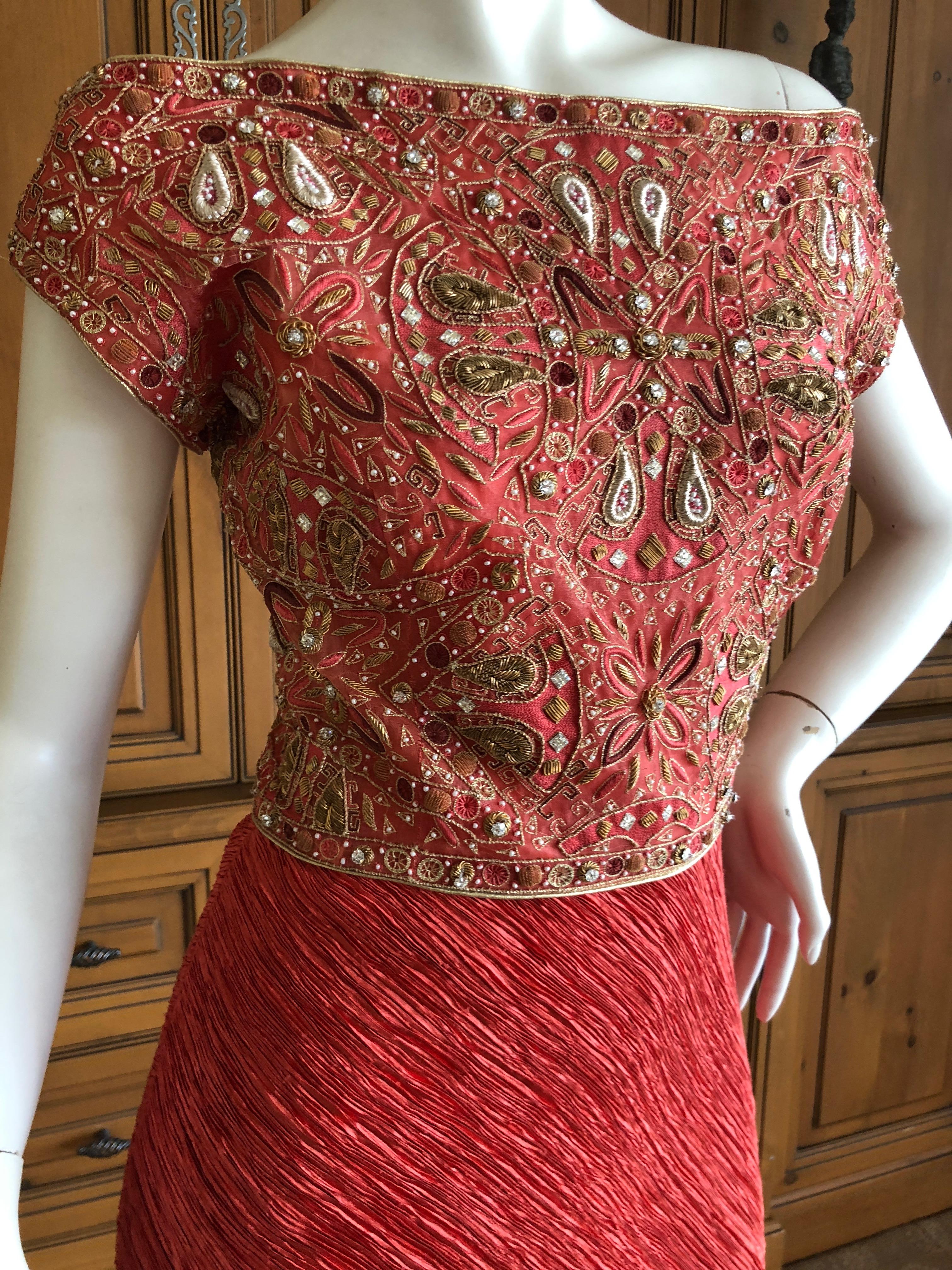 Mary McFadden Couture 1970's Rose Red Plisse Pleated Embellished Evening Dress For Sale 1