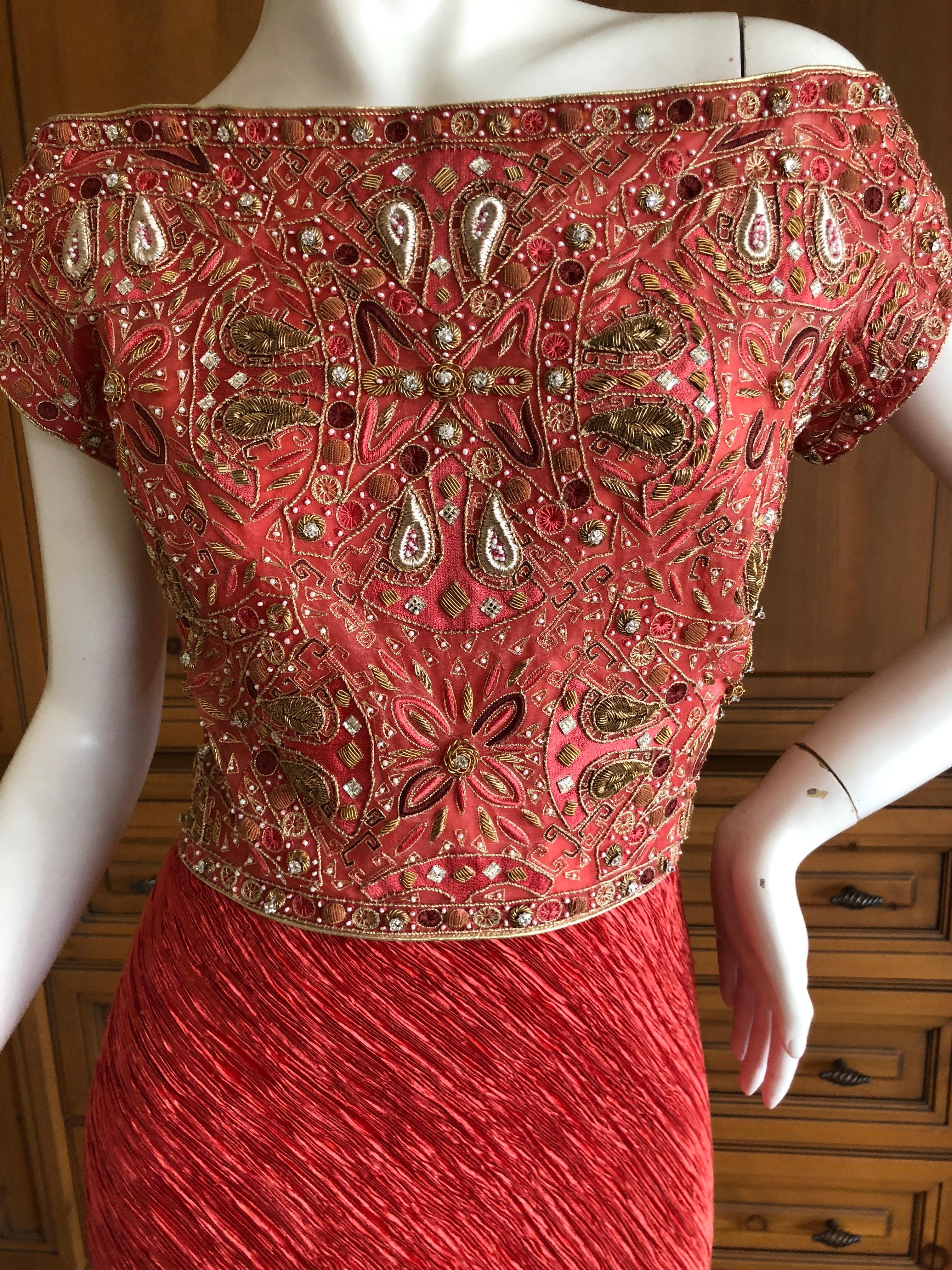 Mary McFadden Couture 1970's Rose Red Plisse Pleated Embellished Evening Dress In Good Condition For Sale In Cloverdale, CA