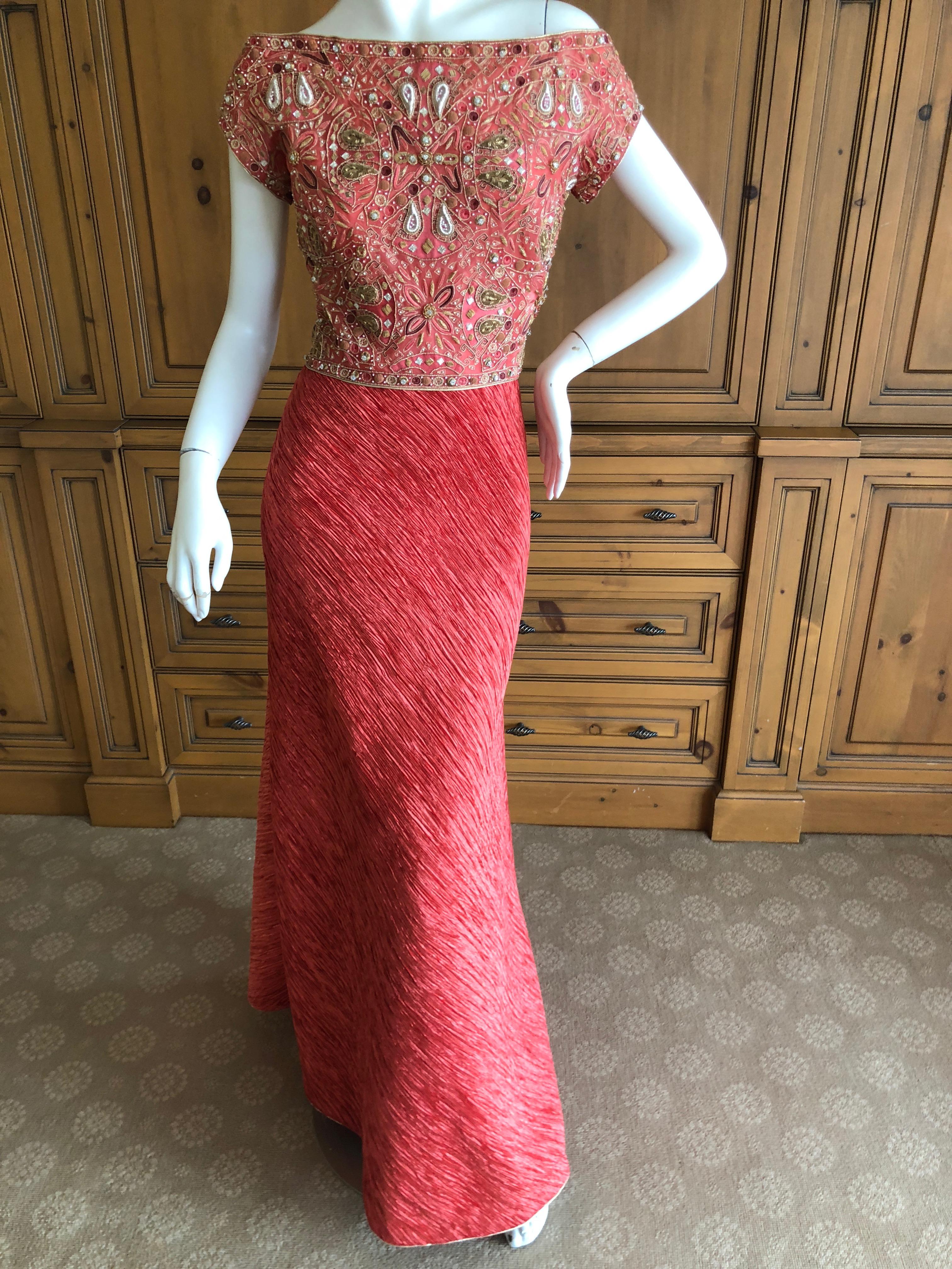 Mary McFadden Couture 1970's Rose Red Plisse Pleated Embellished Evening Dress For Sale 3