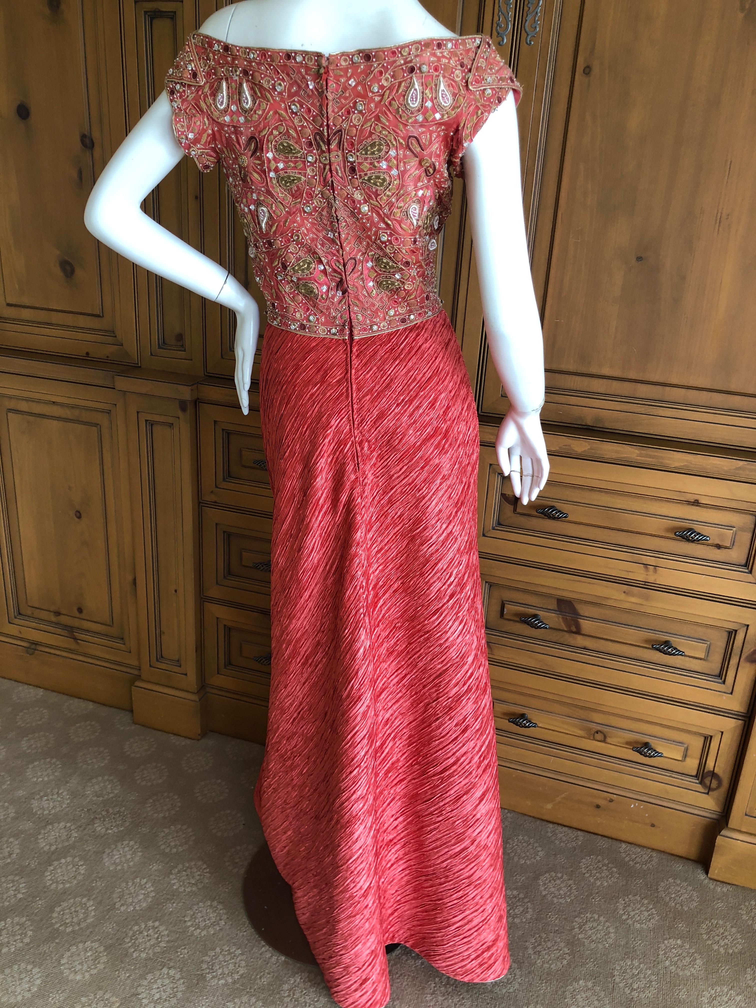 Mary McFadden Couture 1970's Rose Red Plisse Pleated Embellished Evening Dress For Sale 5
