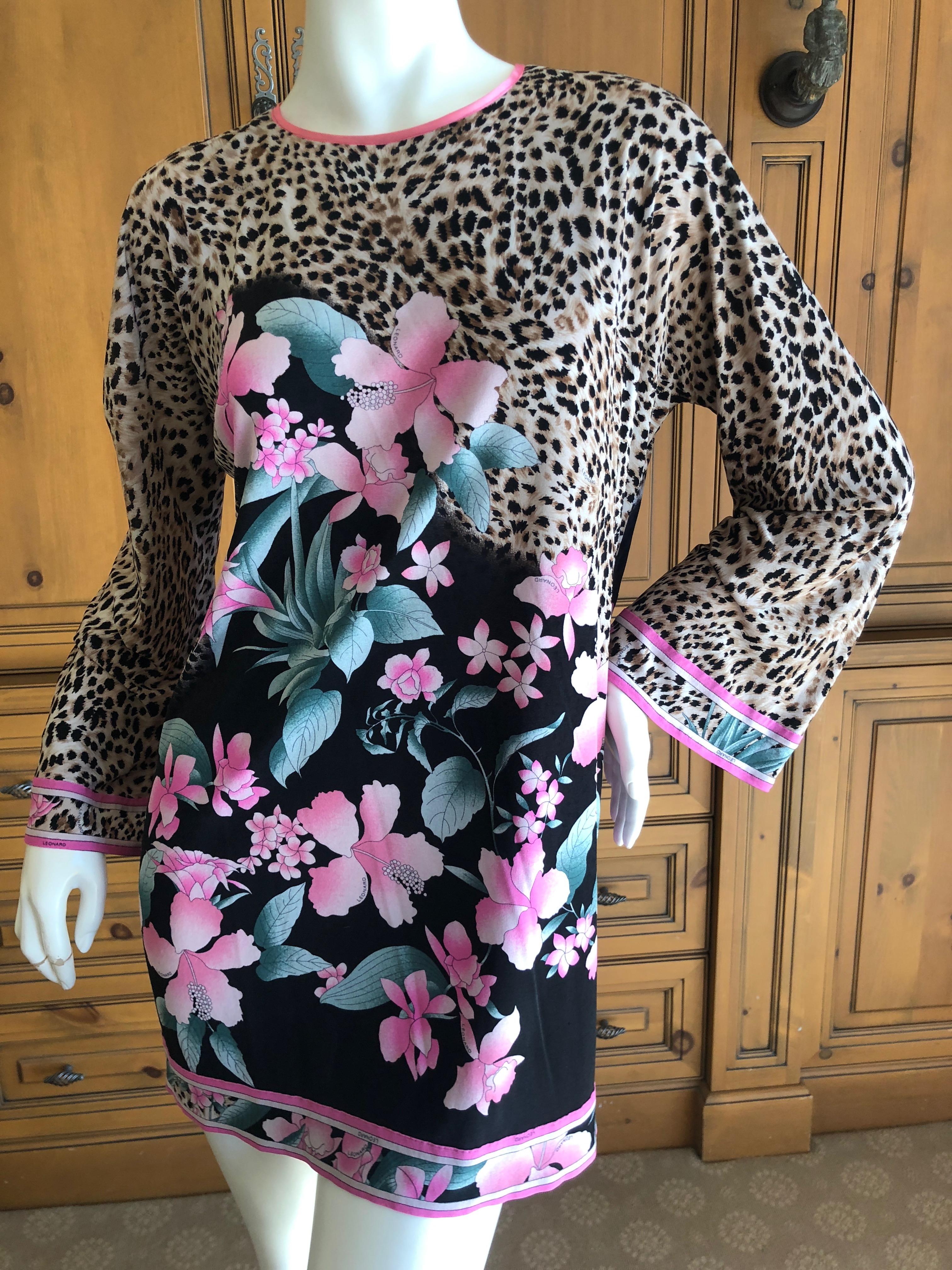 Leonard Paris 1970's Pure Silk Jersey Floral and Leopard Print Mini Dress In Excellent Condition In Cloverdale, CA
