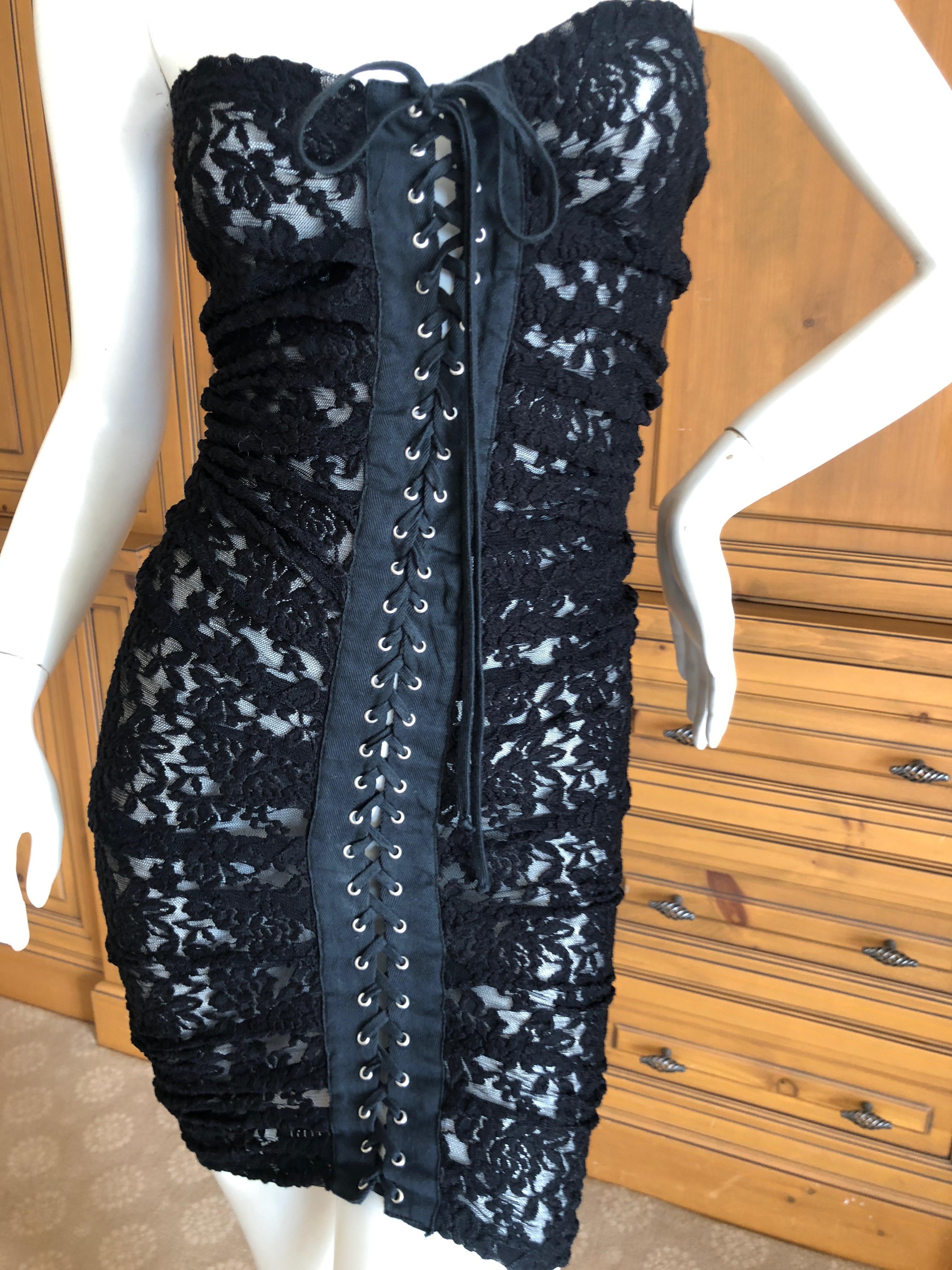 Women's D&G Dolce & Gabbana Sheer Black Lace Strapless Cocktail Dress w Lace Up Details