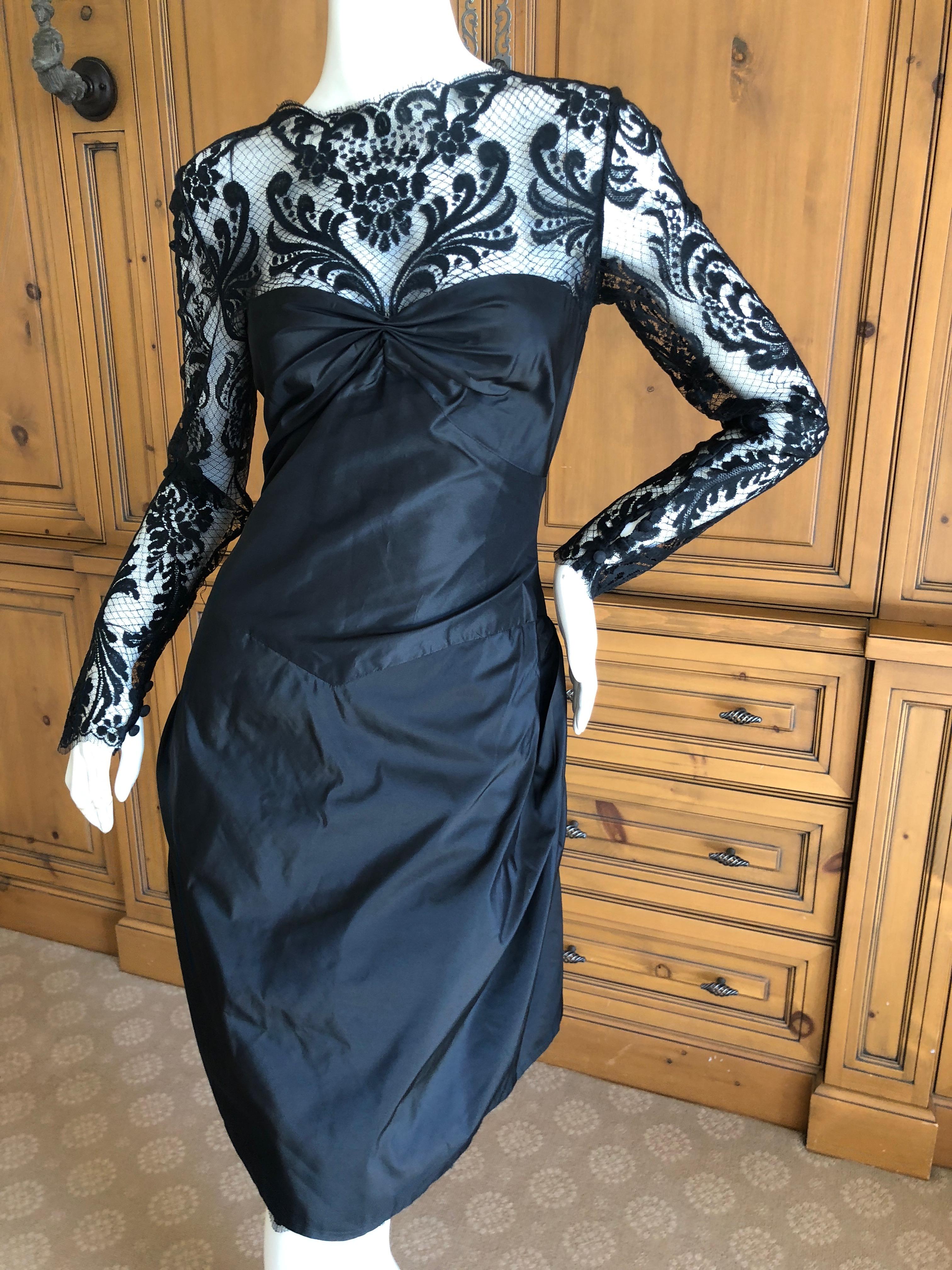 Bill Blass for Saks Fifth Avenue 80's Lace Accented Black Silk Cocktail Dress In Excellent Condition For Sale In Cloverdale, CA