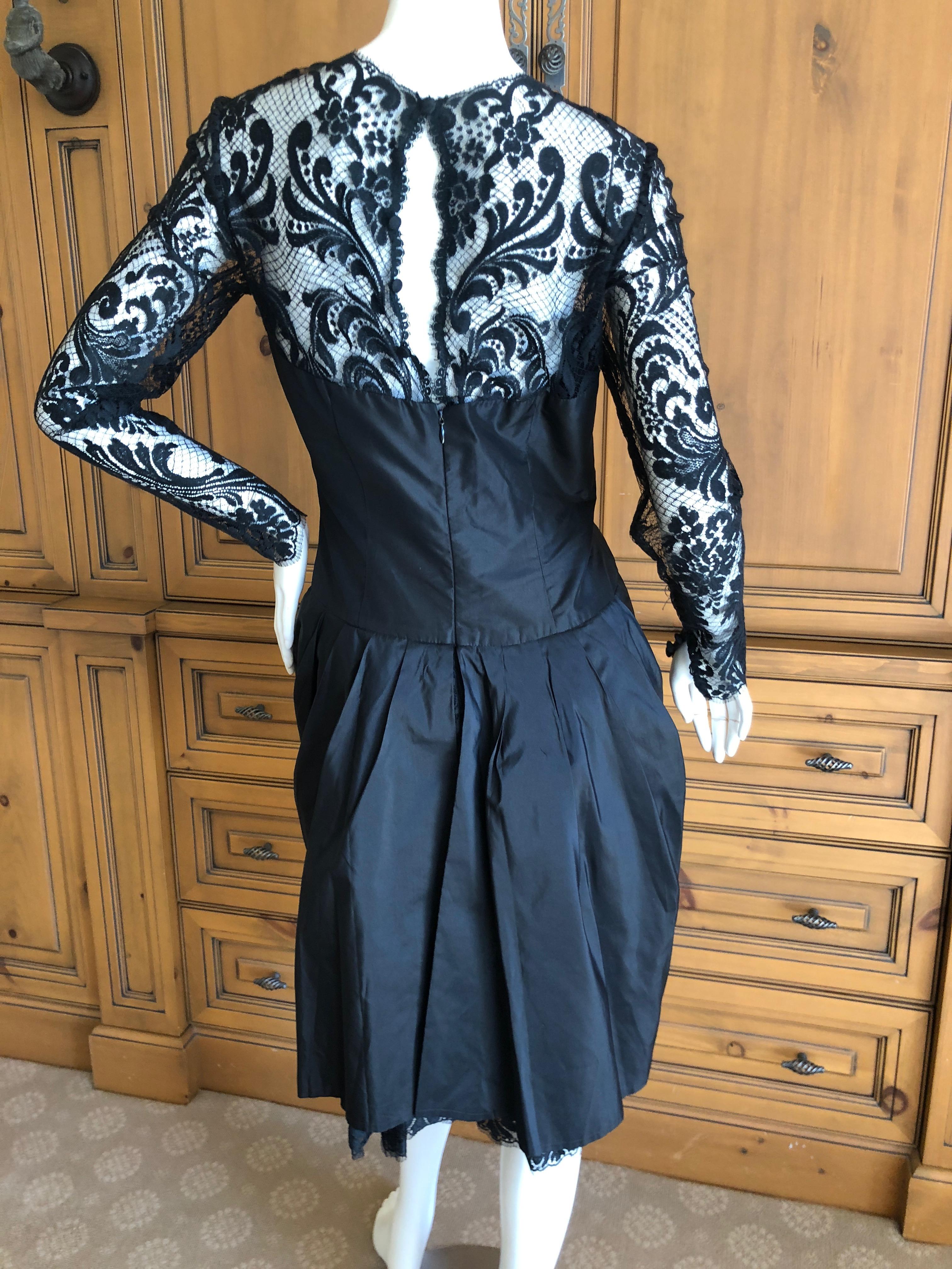Bill Blass for Saks Fifth Avenue 80's Lace Accented Black Silk Cocktail Dress For Sale 1