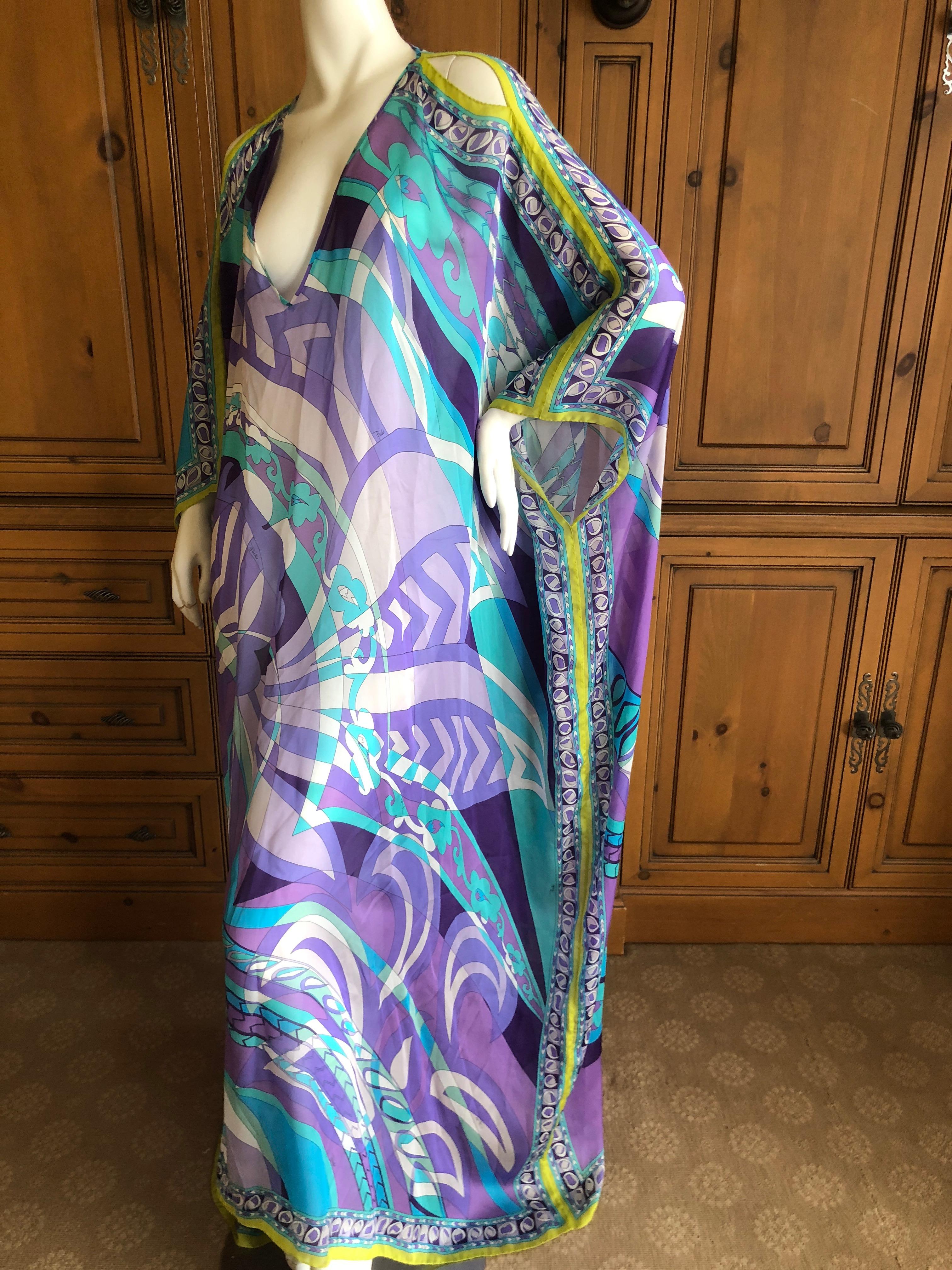 Brilliant kaleidoscope pattern semi sheer silk caftan from Emilio Pucci. 
So pretty , with cold shoulders
One size fits all
 Length 58