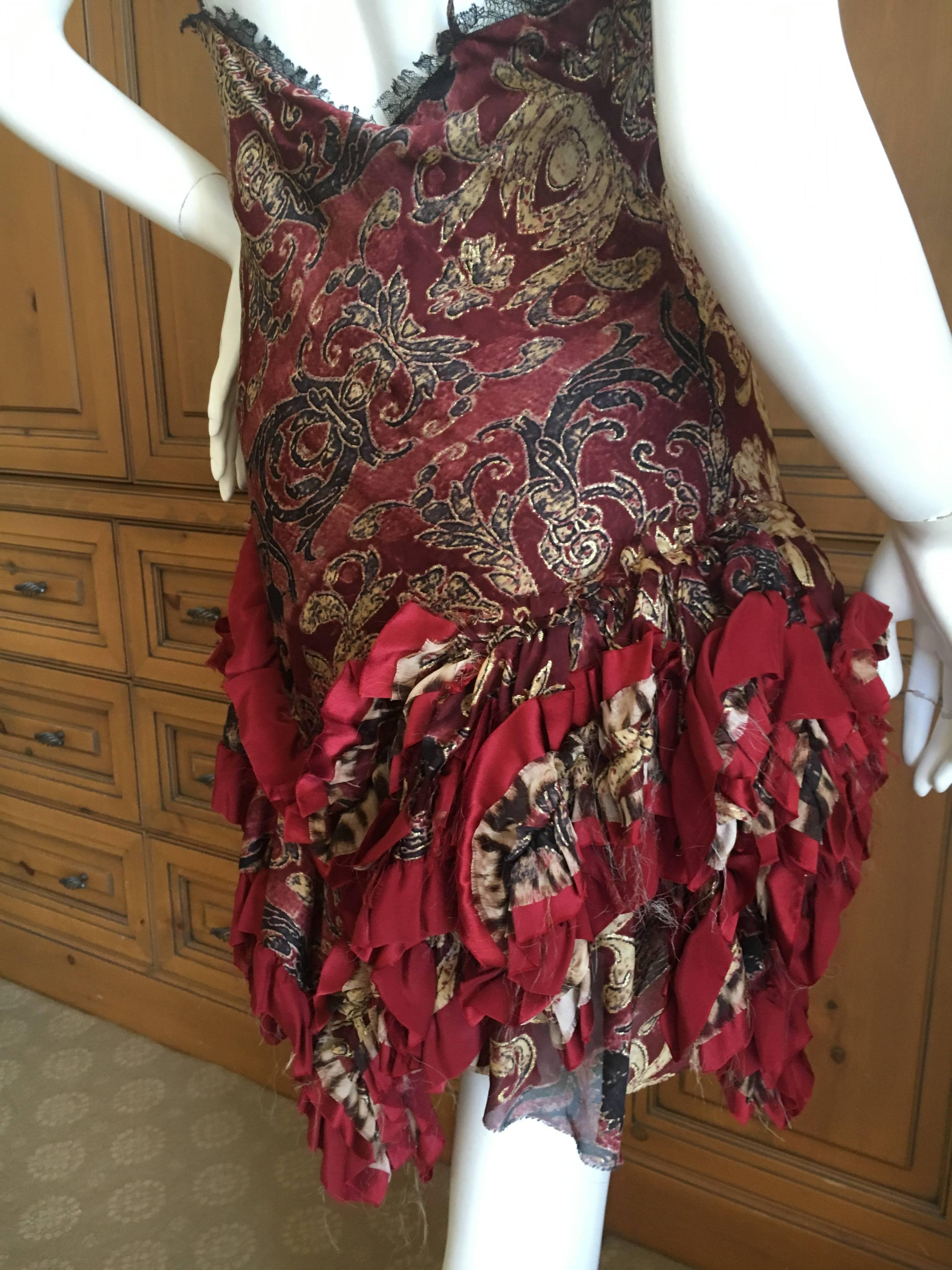 Roberto Cavalli Ruffle Trim Gold Flecked Arabesque Pattern Cocktail Dress In Excellent Condition For Sale In Cloverdale, CA