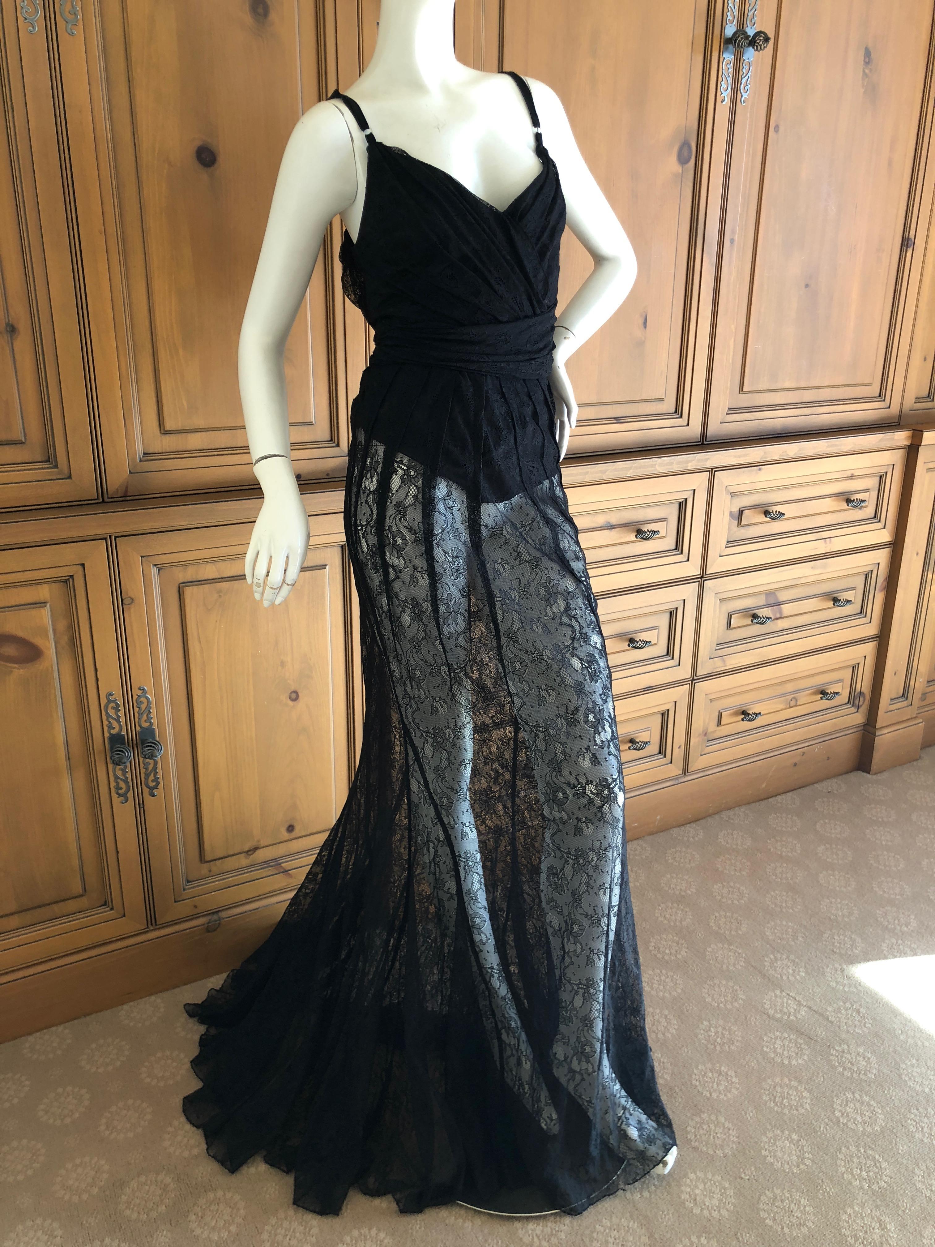 D&G Dolce & Gabbana Sheer Black Lace Vintage Evening Dress with Train In Excellent Condition For Sale In Cloverdale, CA