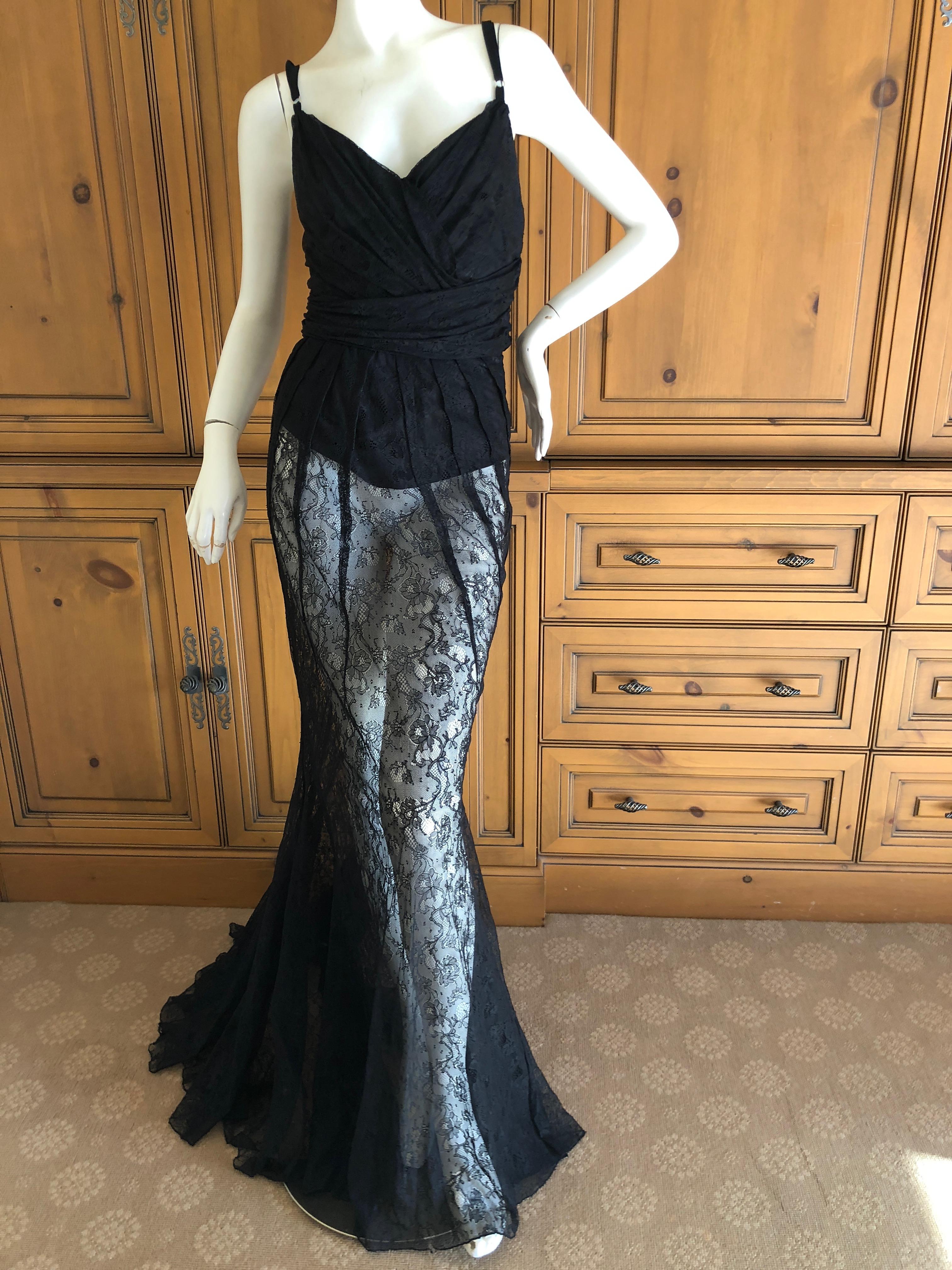 Women's D&G Dolce & Gabbana Sheer Black Lace Vintage Evening Dress with Train For Sale