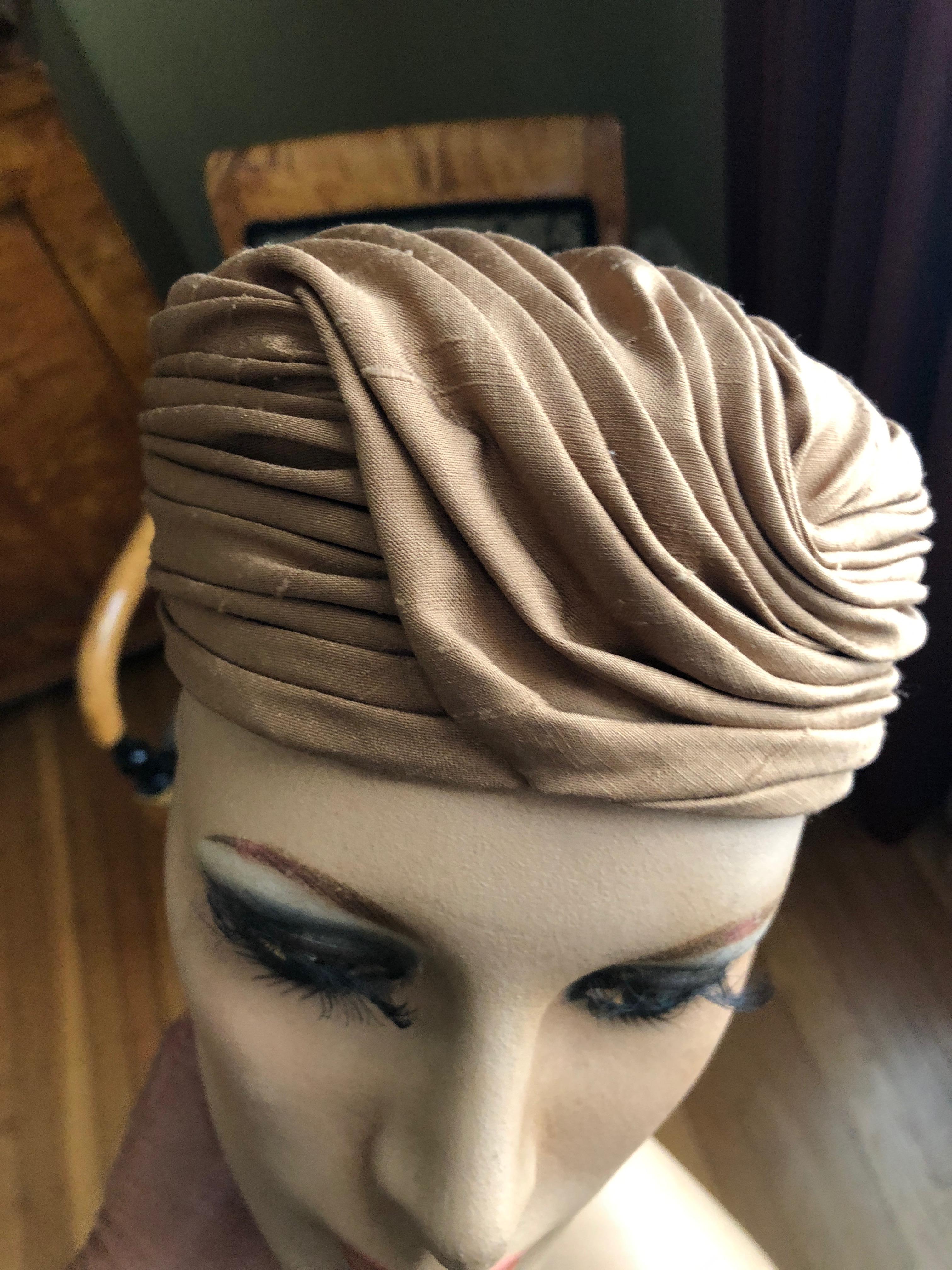 I. Magnin 1960 Deadstock Short Brown Silk Turban Hat For Sale 1