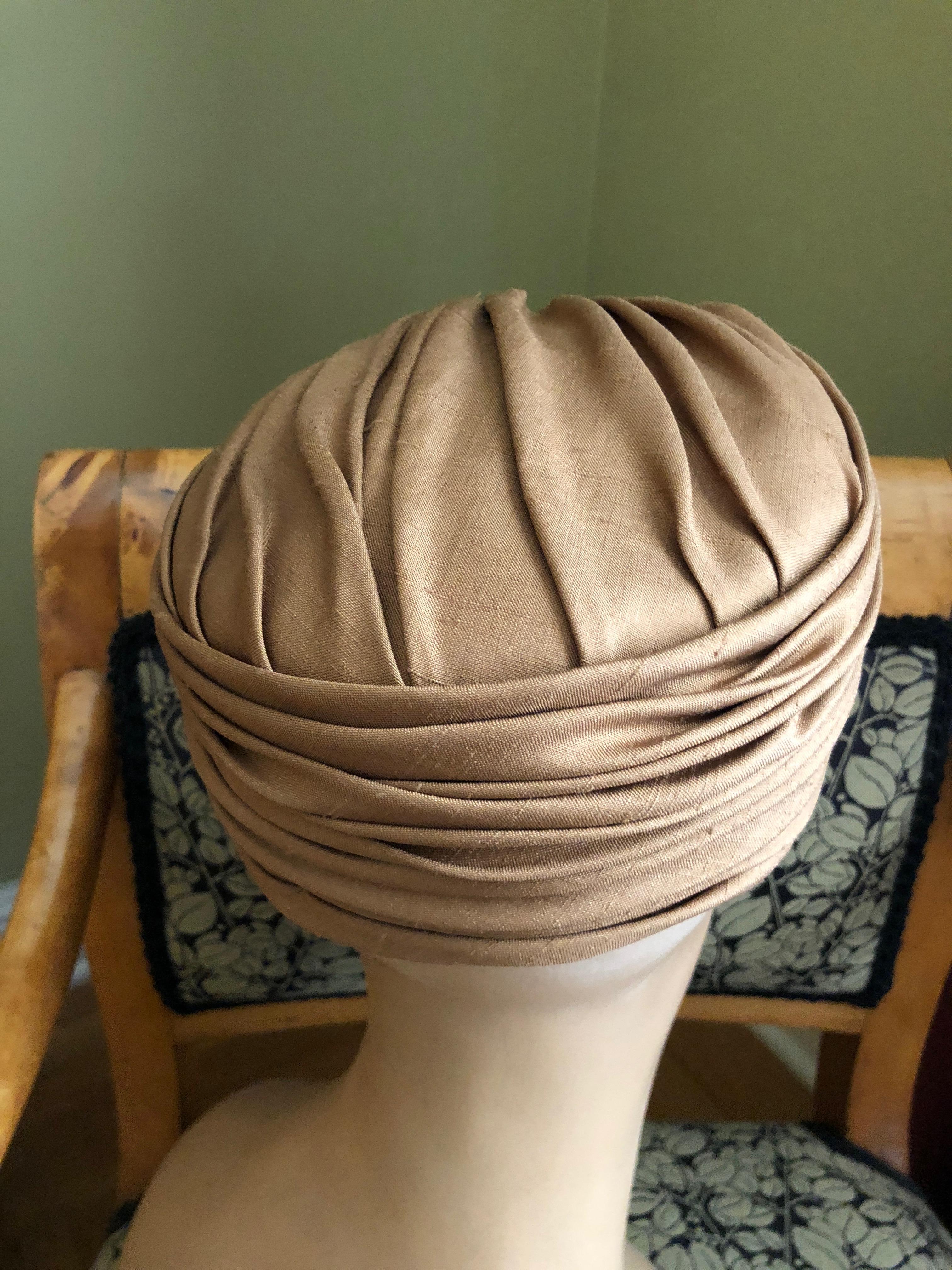 I. Magnin 1960 Deadstock Short Brown Silk Turban Hat For Sale 4