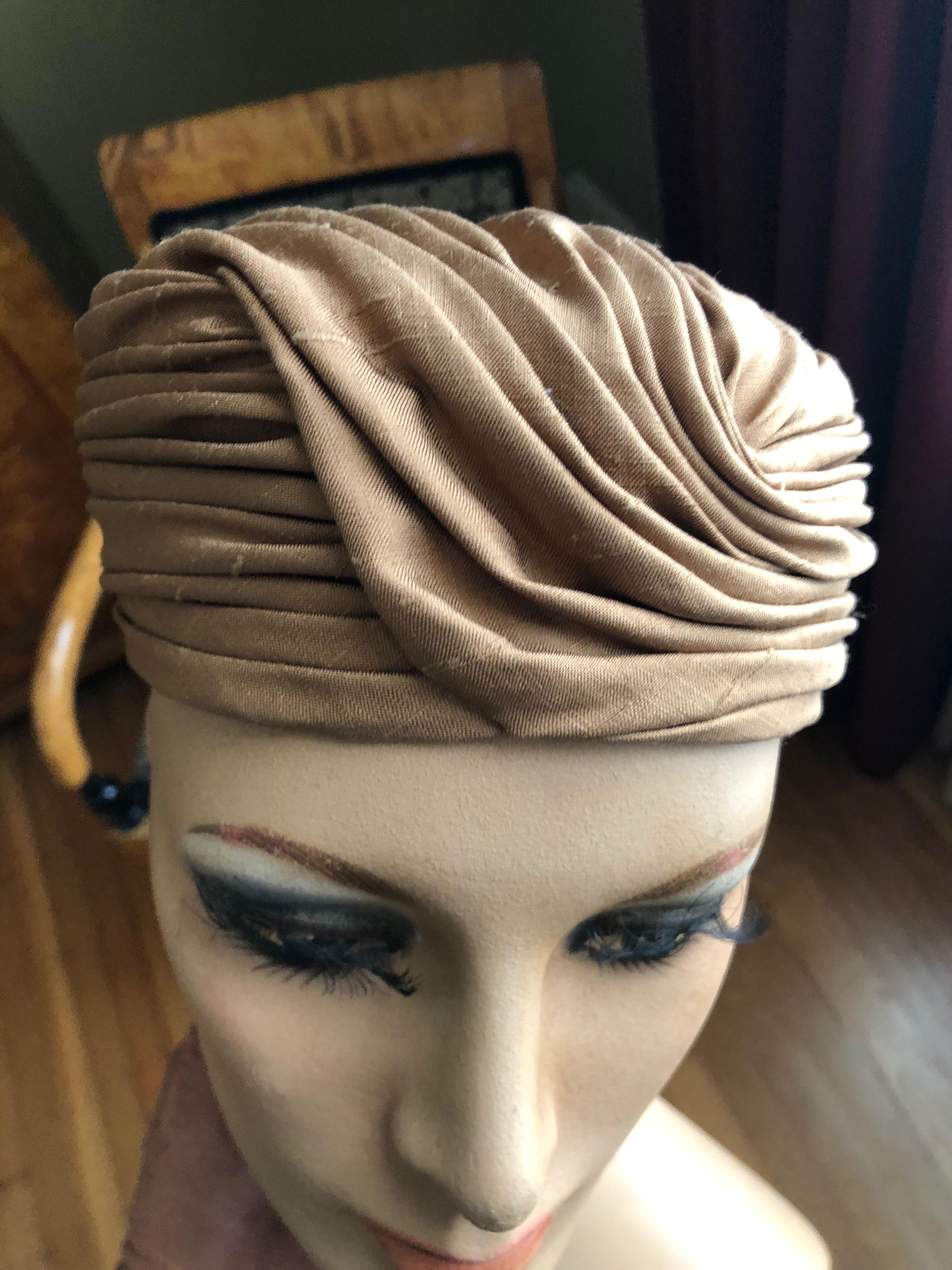 I. Magnin 1960 Deadstock Short Brown Silk Turban Hat For Sale 2