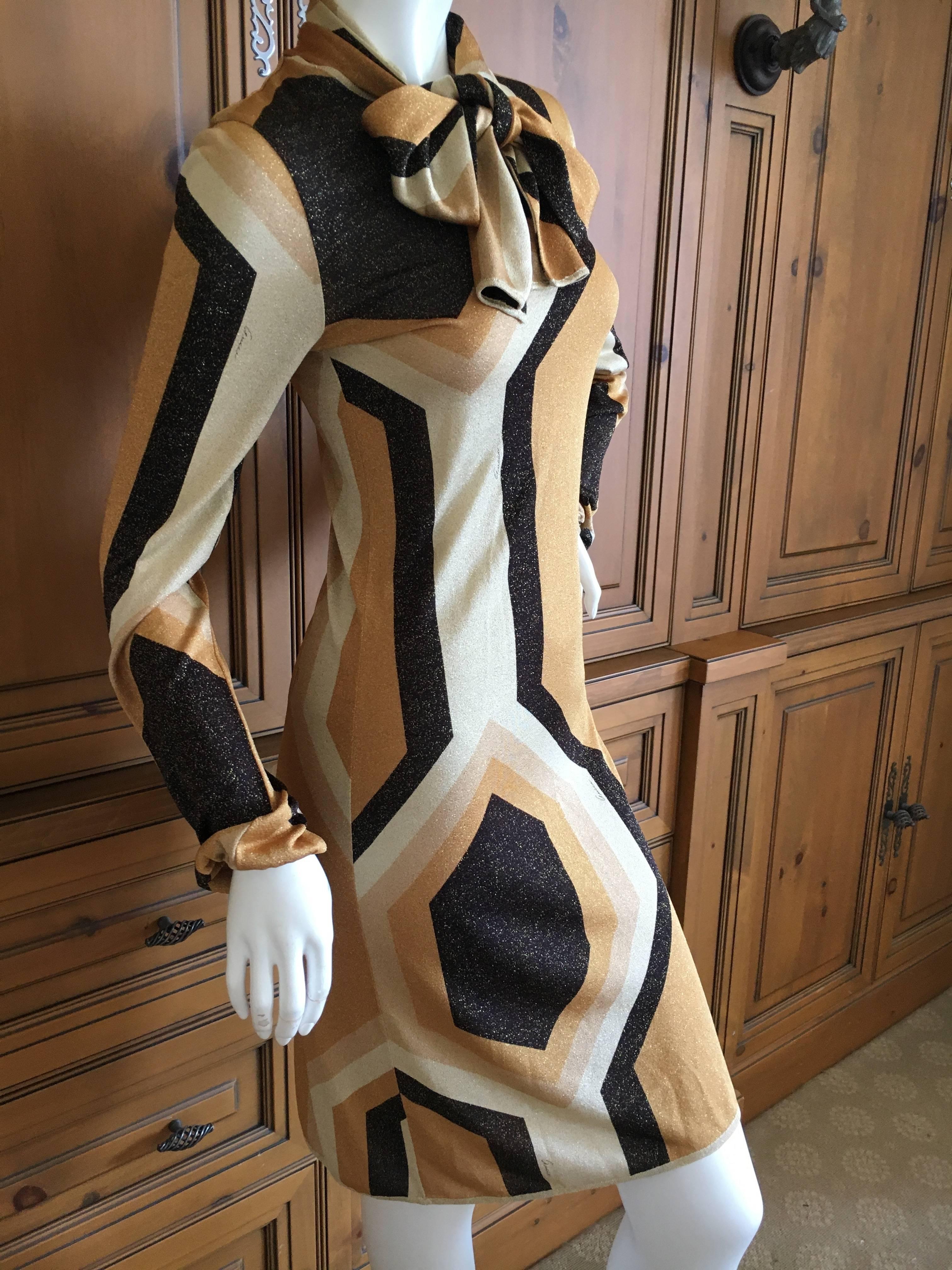 Brown Gucci by Tom Ford Fall 2000 Gold Geometric Print Dress with Pussy Bow For Sale