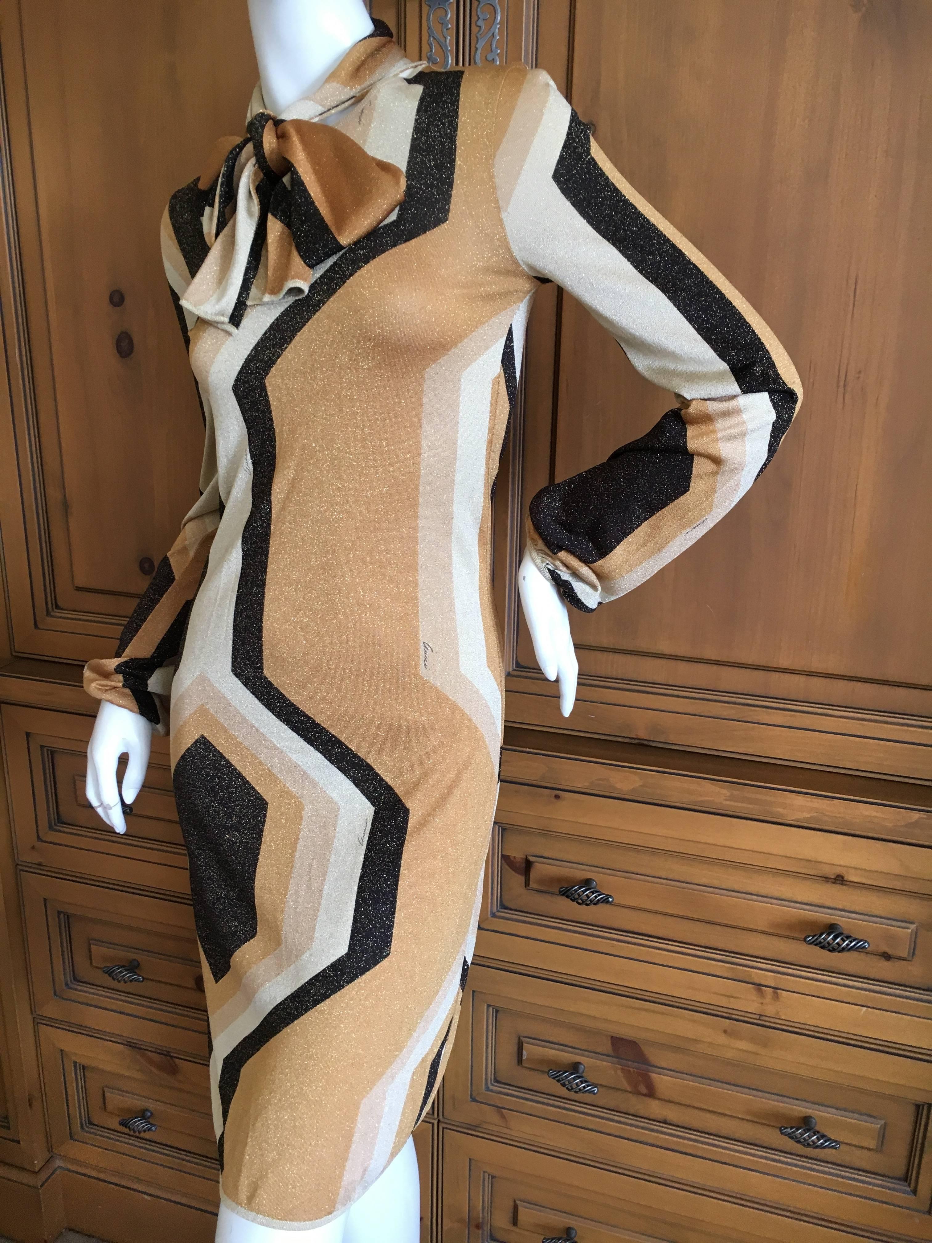 Gucci by Tom Ford Fall 2000 Gold Geometric Print Dress with Pussy Bow For Sale 3