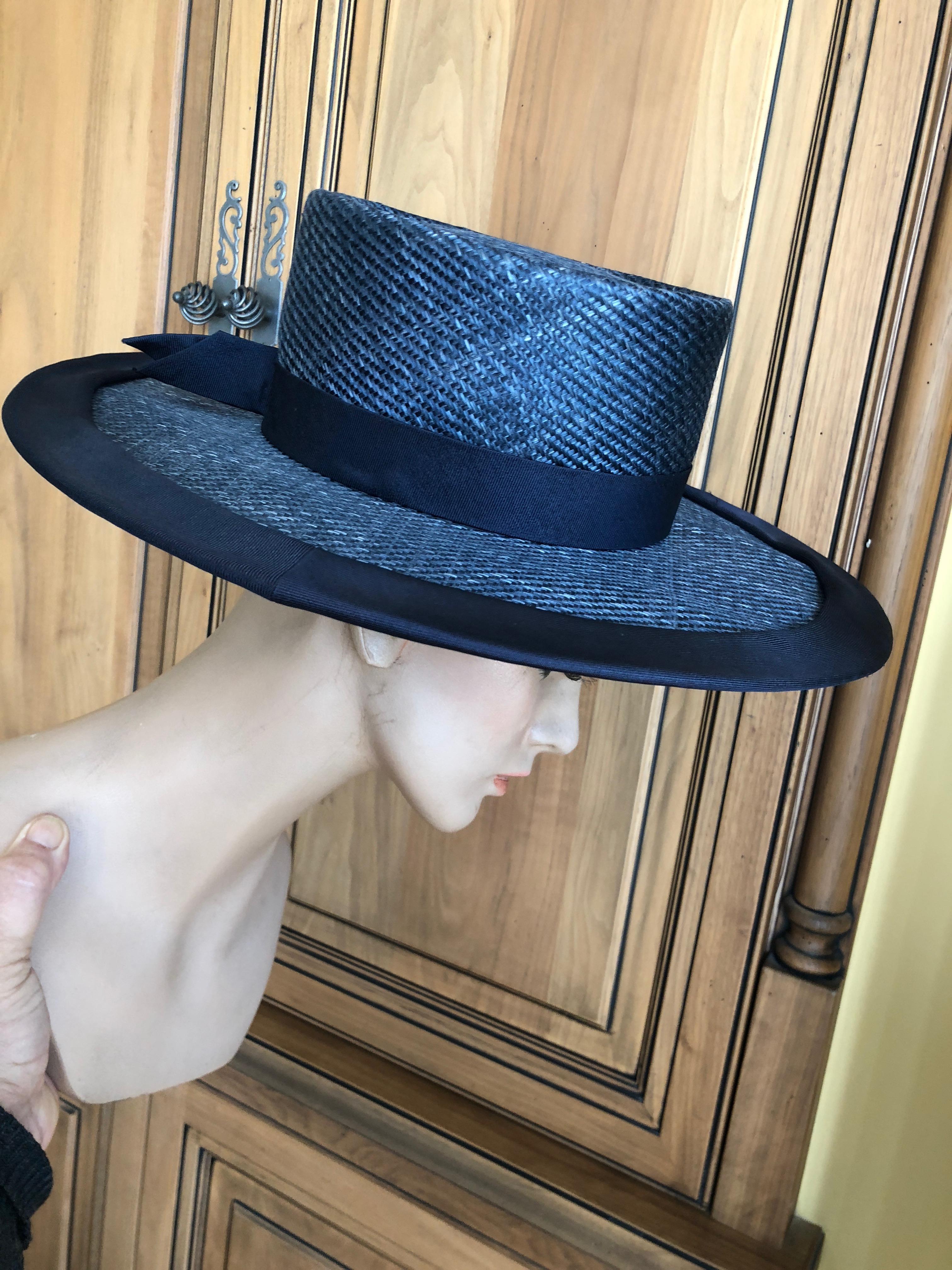 Lilly Daché Dachettes for I. Magnin 1960 Deadstock Navy Wide Brim Straw Hat In New Condition In Cloverdale, CA